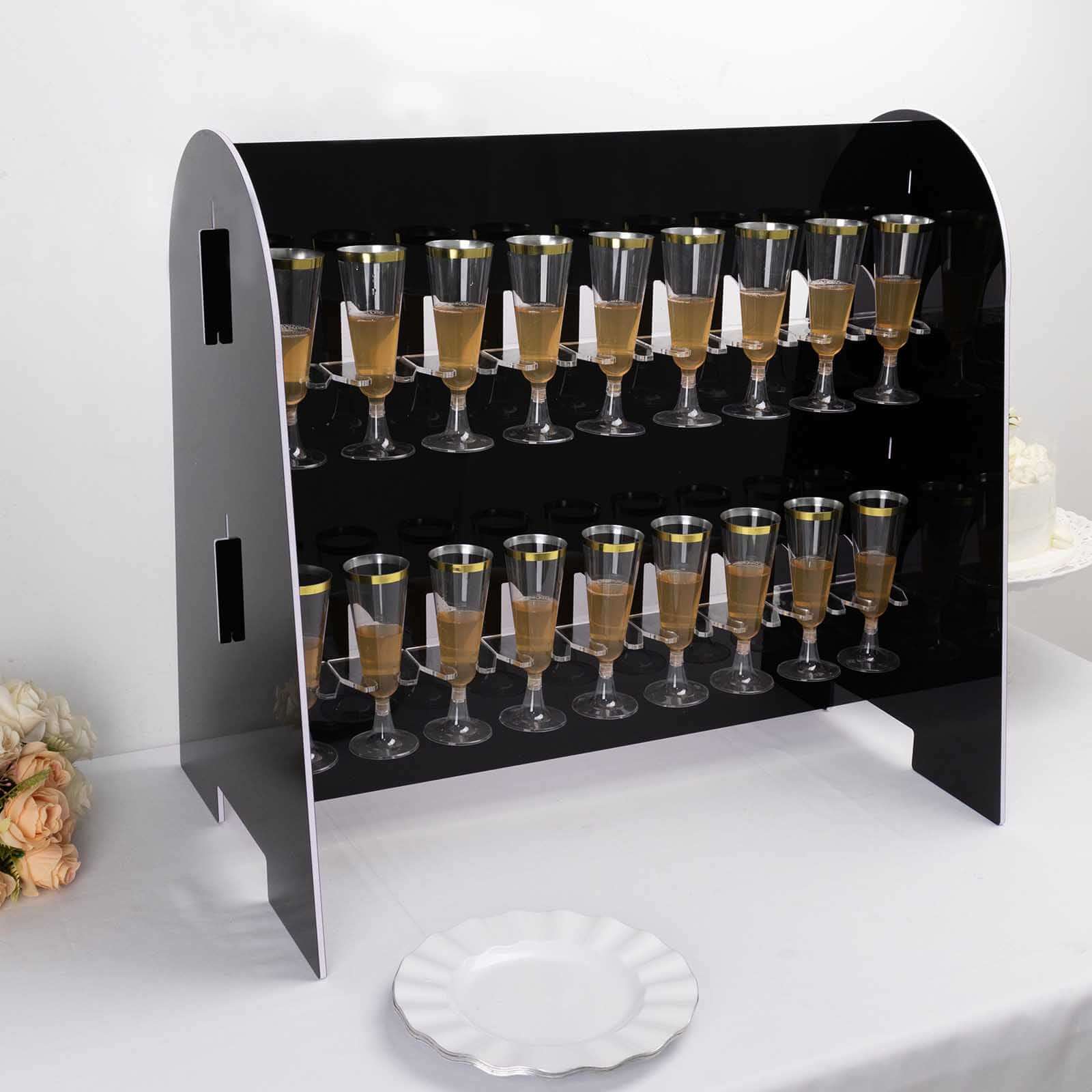 2-Tier Champagne Glass Holder Display Stand Table Top in Glossy Black - Modern Stemware Rack Cocktail Drink Holder with 18 Hooks for Events & DIY Bars 25" Centerpieces HIER_4520