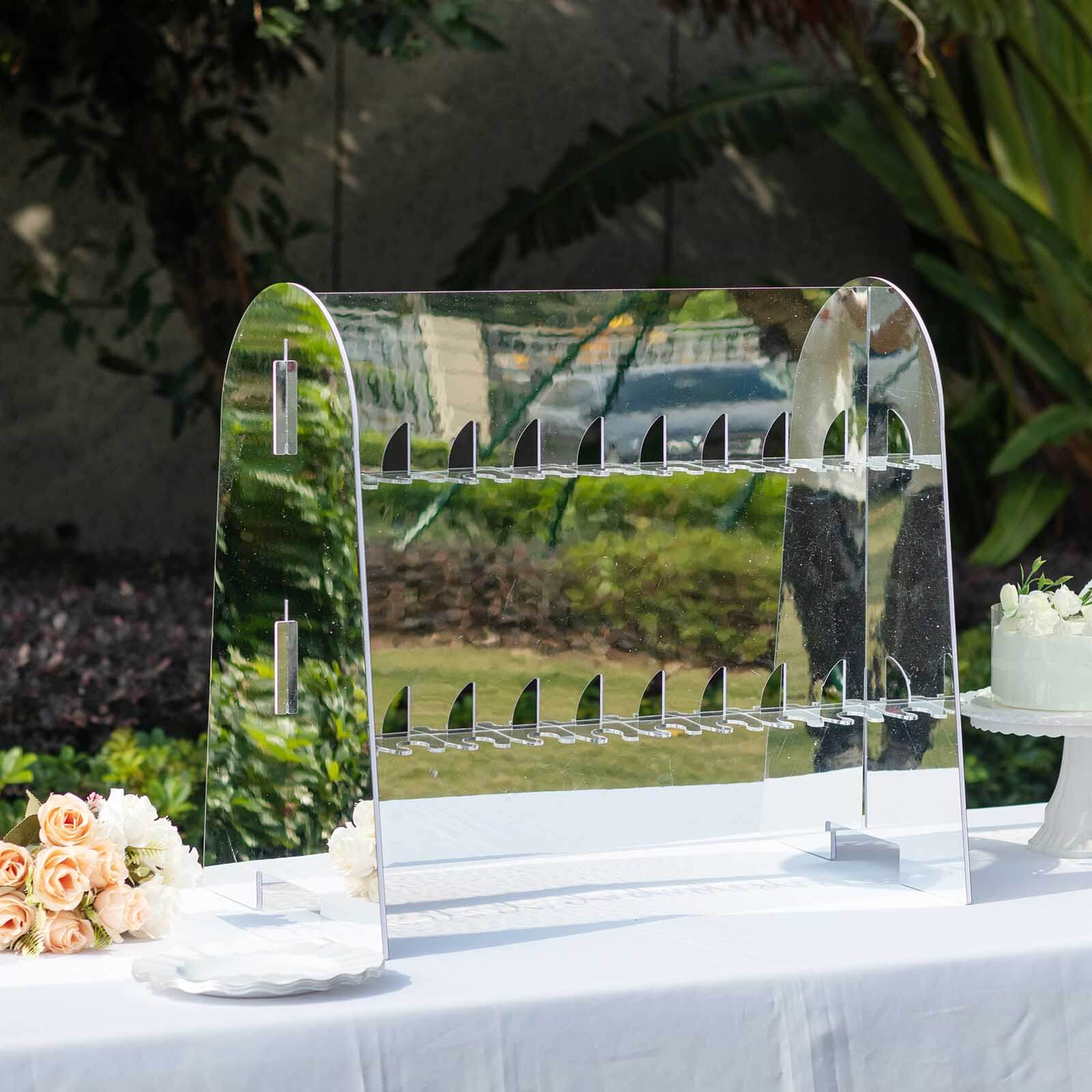 2-Tier Champagne Glass Holder Display Stand Table Top in Silver Mirror Finish - Modern Stemware Rack Cocktail Drink Holder with 18 Hooks for Events & DIY Bars 25" Centerpieces HIER_4520