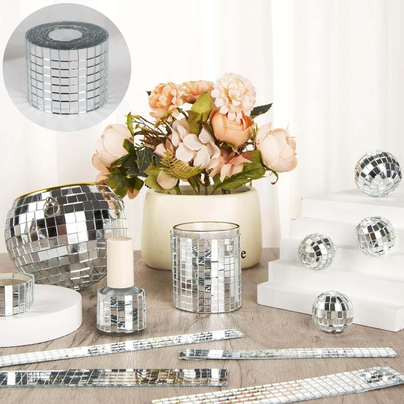 3 Pack Silver Self-Adhesive Glass Mirrors Mosaic Rolls, 9ft Mini Square Real Glass Mirror Tiles Stickers Decorations HIER_9600