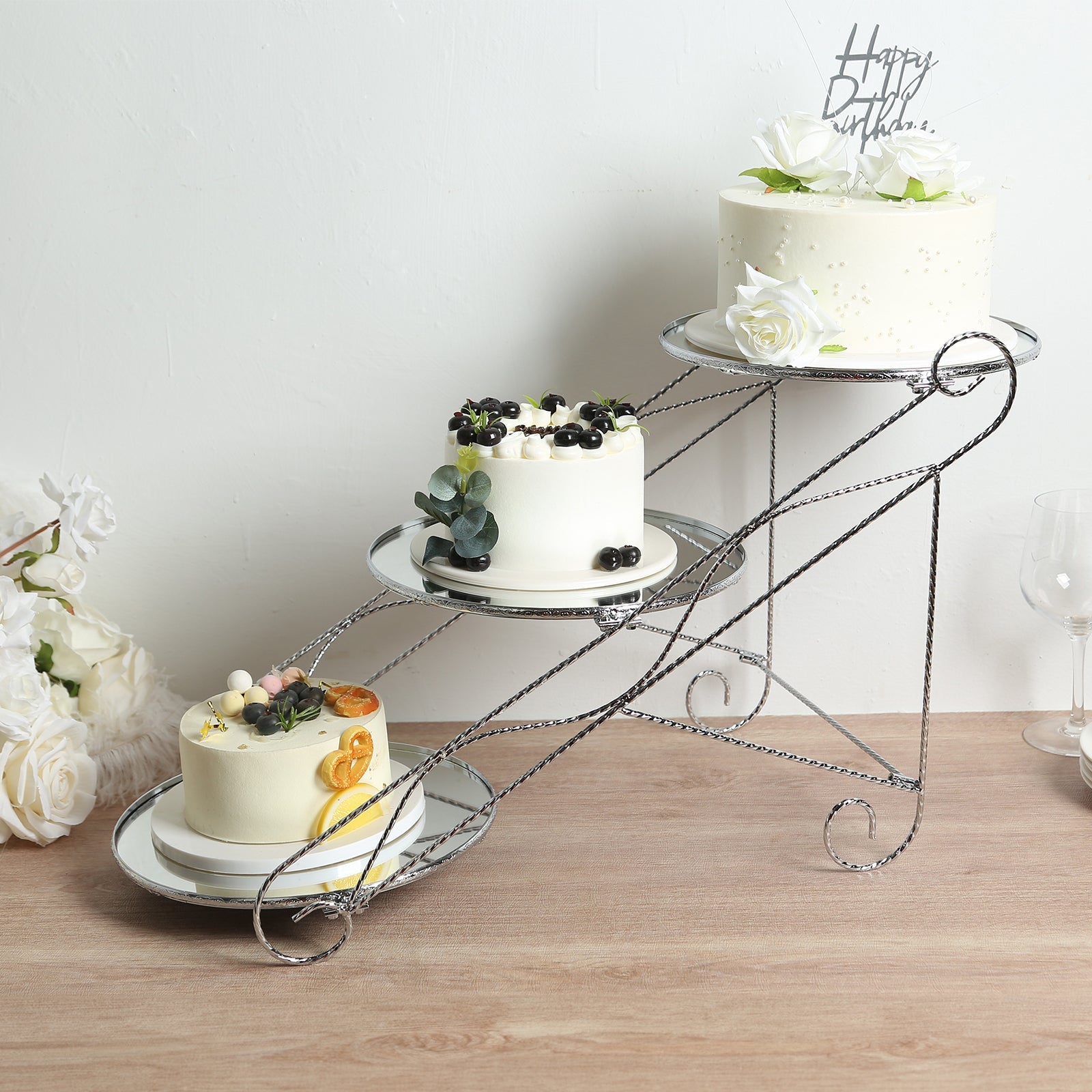 3-Tier Cake Stand Cascading Design with Round Mirror Trays Silver - Dessert Display and Serving Platter Metal 16"x19" Cake Stands HIER_7520