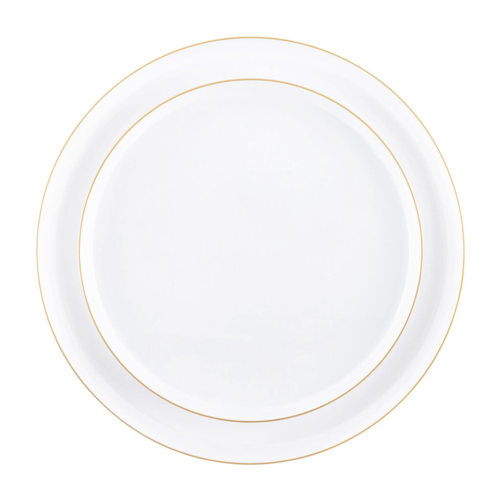 20 Pack White and Gold Round Plastic Dinnerware Set (10 Guests) - Sharp