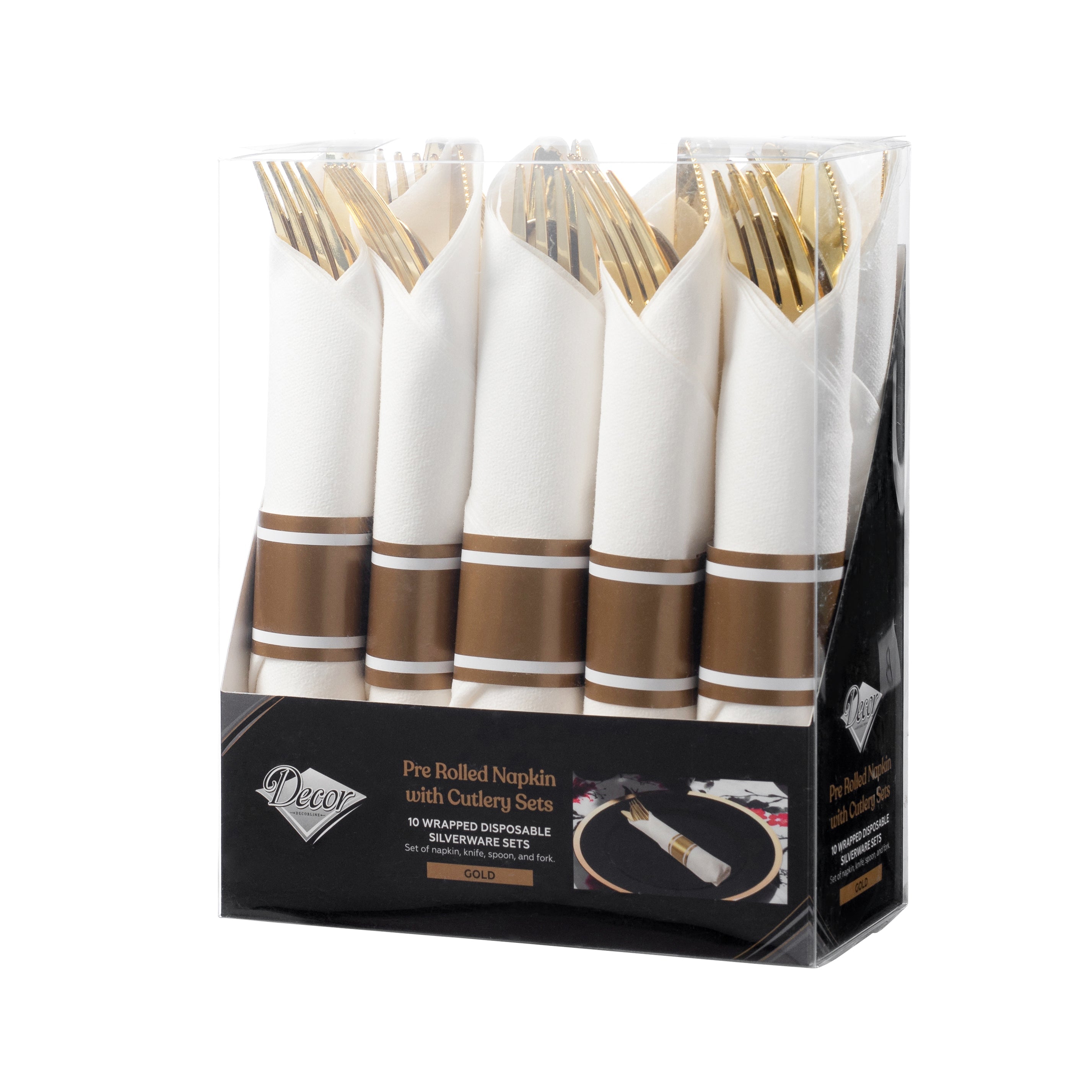 Gold Disposable Plastic Cutlery in White Napkin Rolls Set-Setting for 10