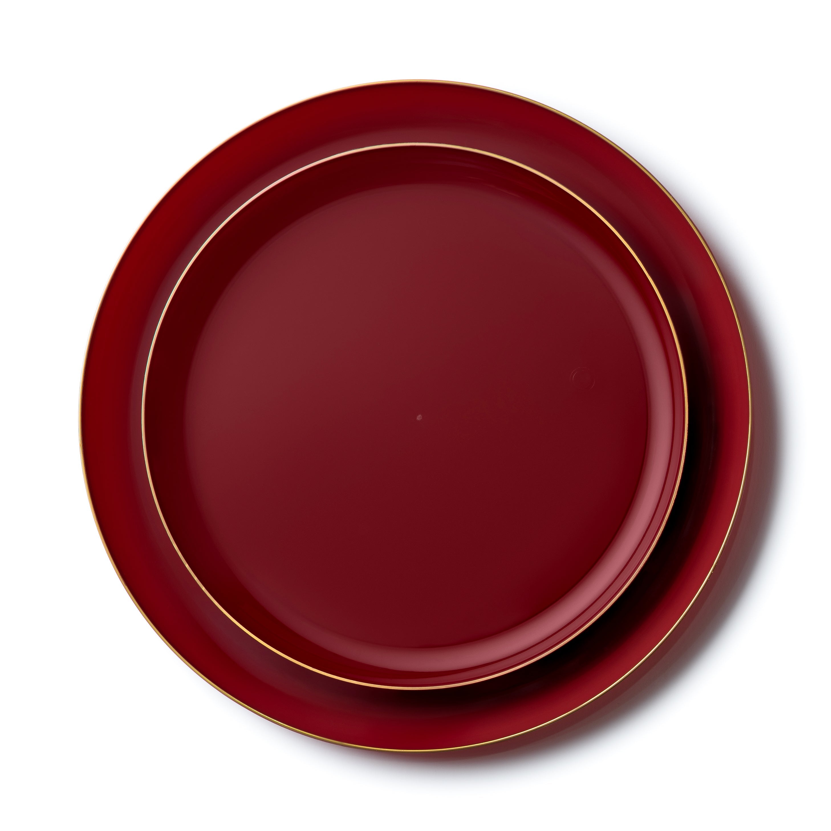 20 Pack Cranberry and Gold Round High End Plastic Dinnerware Set (10 Guests) - Edge