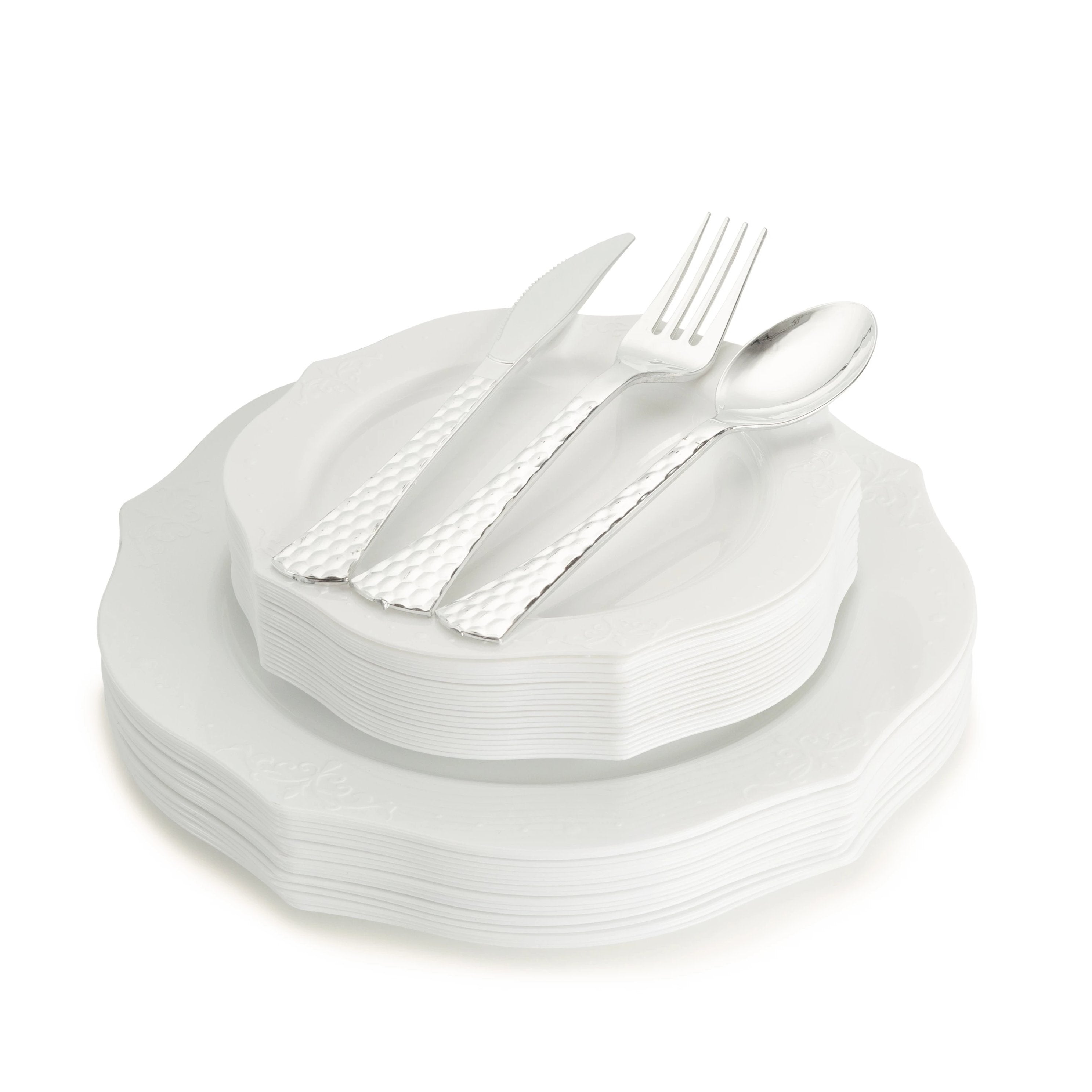 100 Piece White Round Plastic Dinnerware and Silverware value set (20 Servings) - Antique
