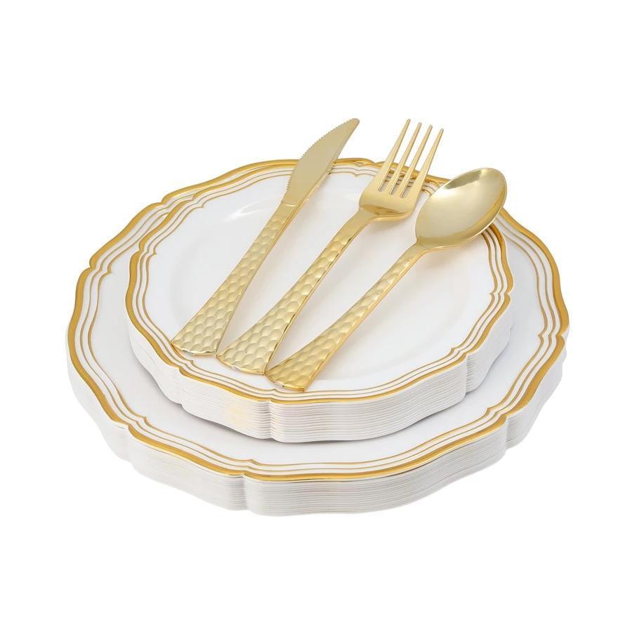 100 Piece White and Gold Round Plastic Dinnerware and Silverware Value Set (20 Servings) - Aristocrat