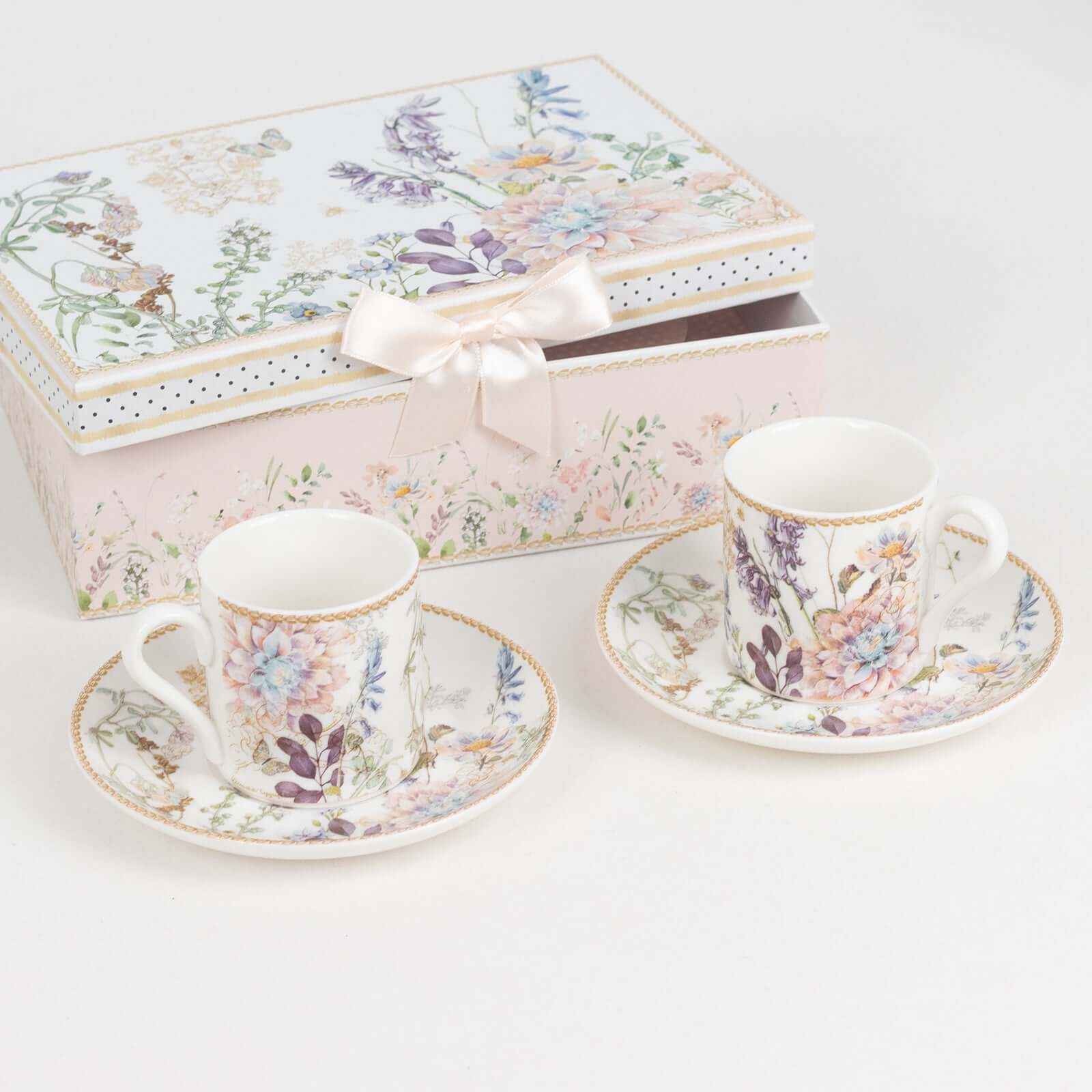 Blush Floral Design Bridal Shower Gift Set, Set of 2 Porcelain Espresso Cups and Saucers with Matching Keepsake Box Decorations HIER_9750