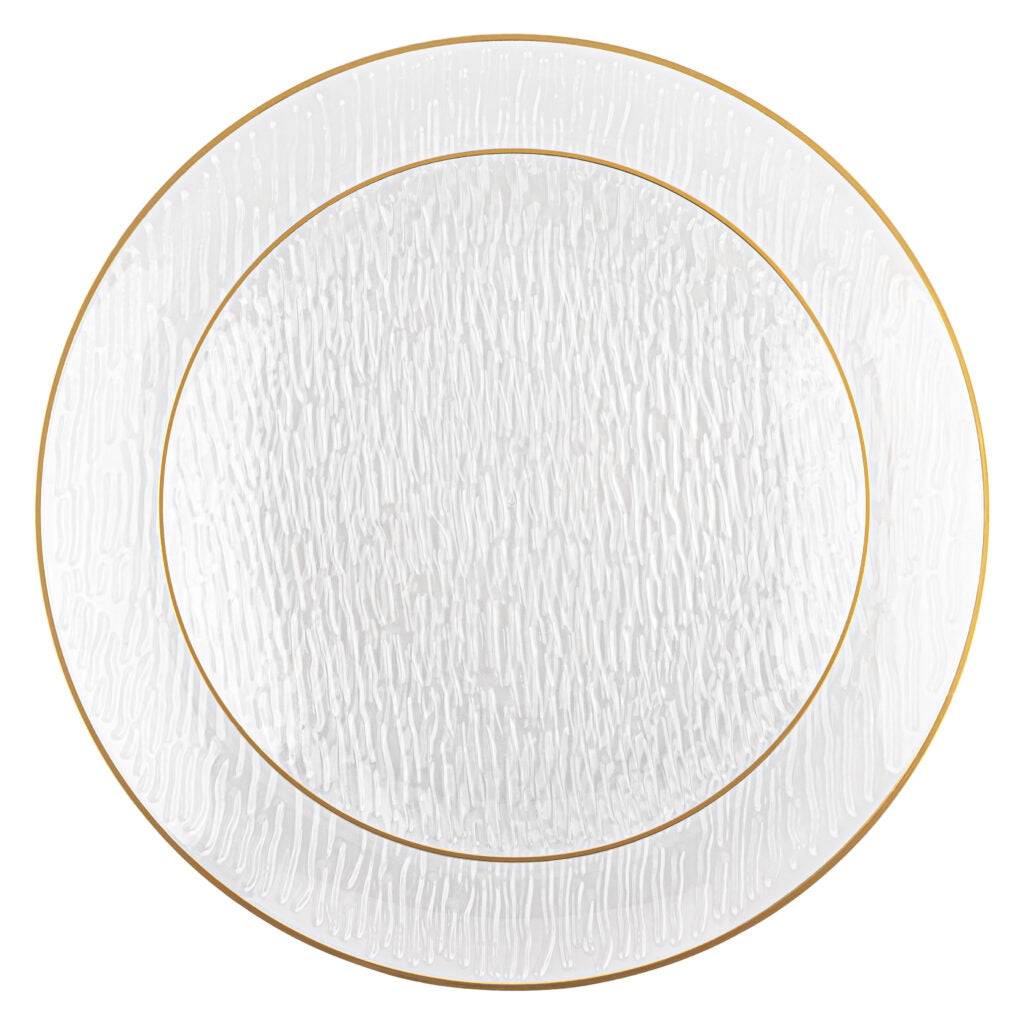 24 Pack Clear and Gold Rim Round Plastic Dinnerware Set (12 Guests) - Icicles