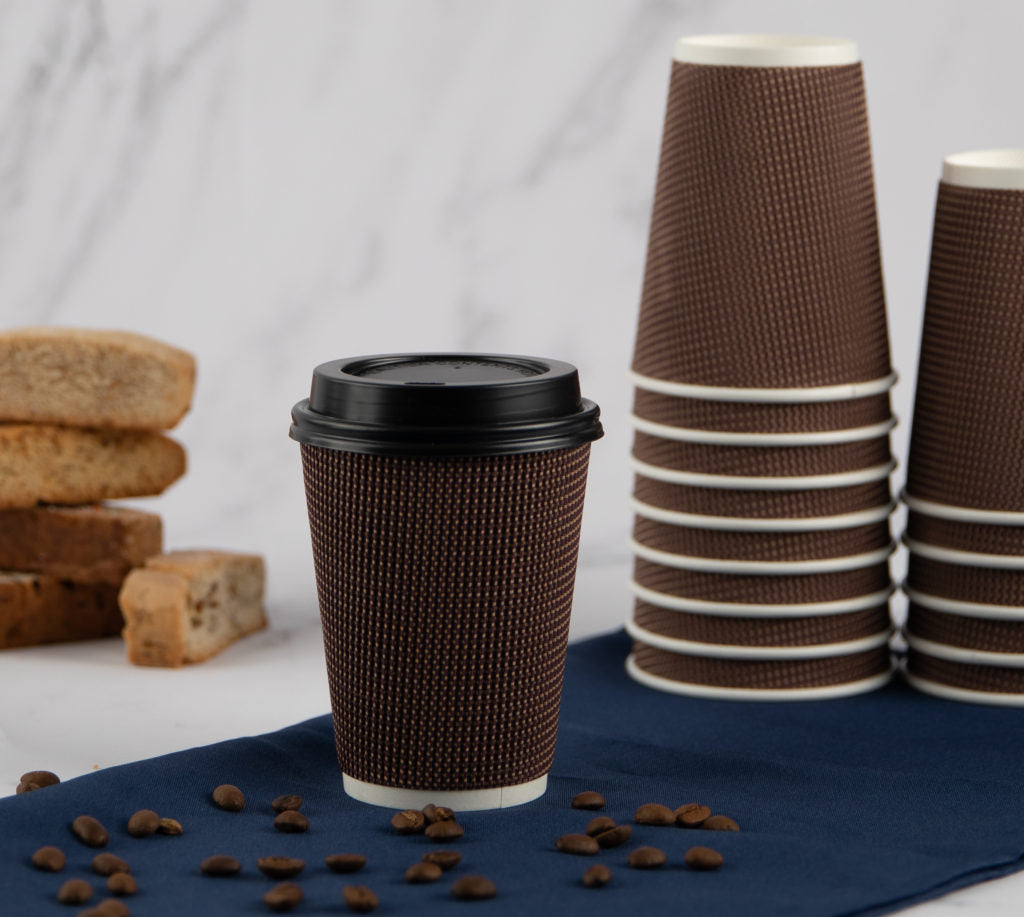 Insulated Ripple Brown Paper Coffee Cups with Lids