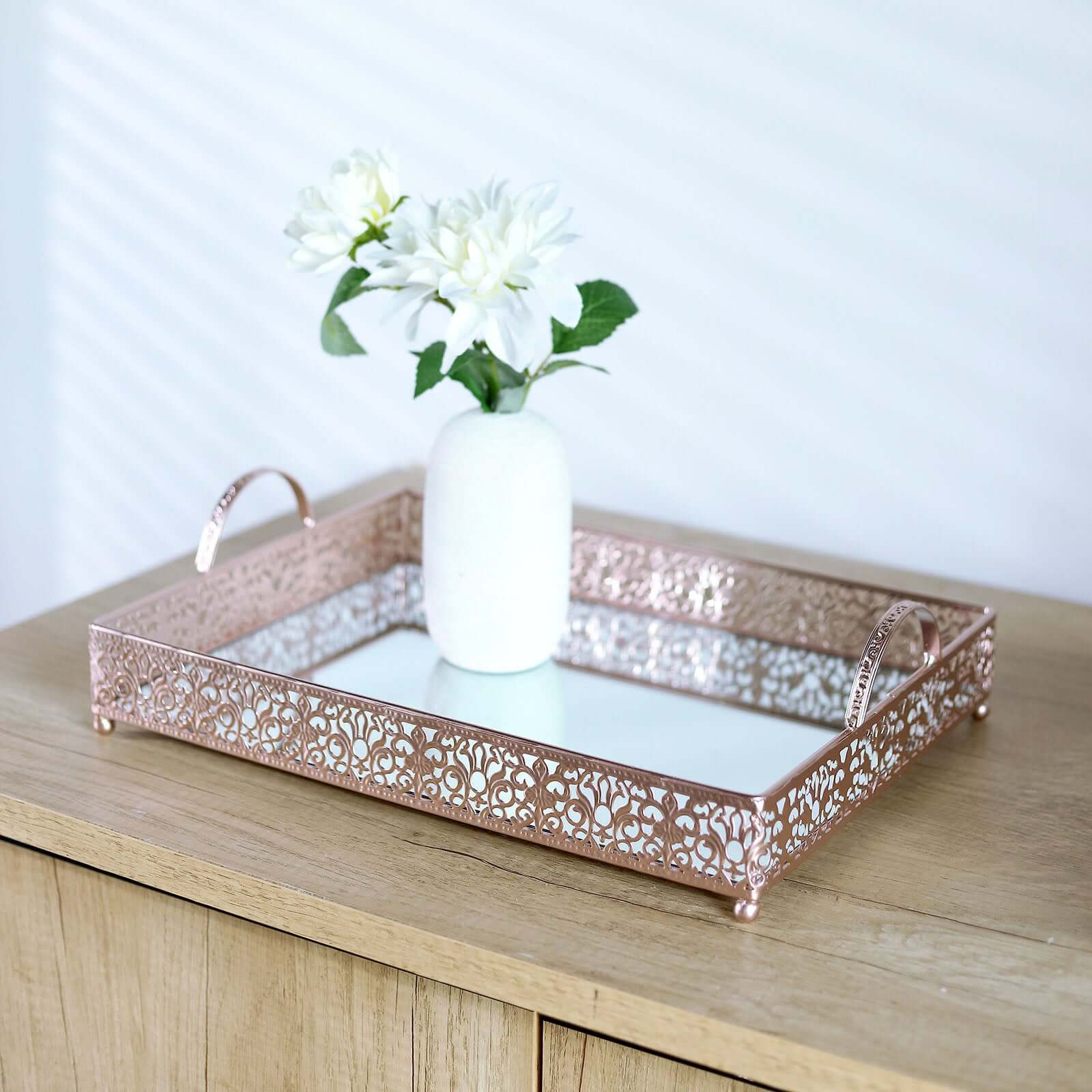 Metal Mirrored Rectangle Serving Tray 16"x12" in Rose Gold Fleur De Lis Design with Handles, French Inspired Decorative Vanity Tray Centerpiece Serving Tray HIER_7530