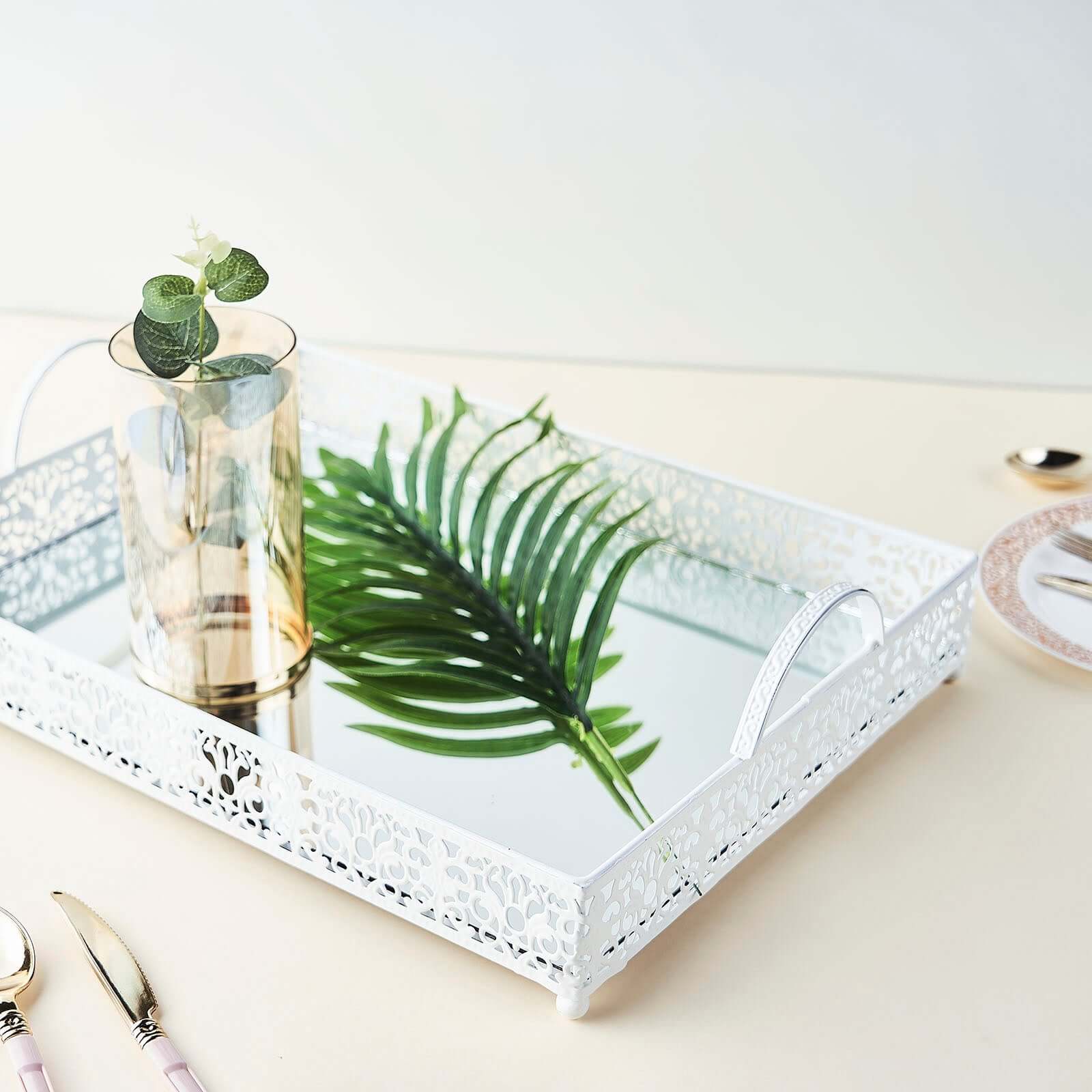 Metal Mirrored Rectangle Serving Tray 16"x12" in White Fleur De Lis Design with Handles, French Inspired Decorative Vanity Tray Centerpiece Serving Tray HIER_7530