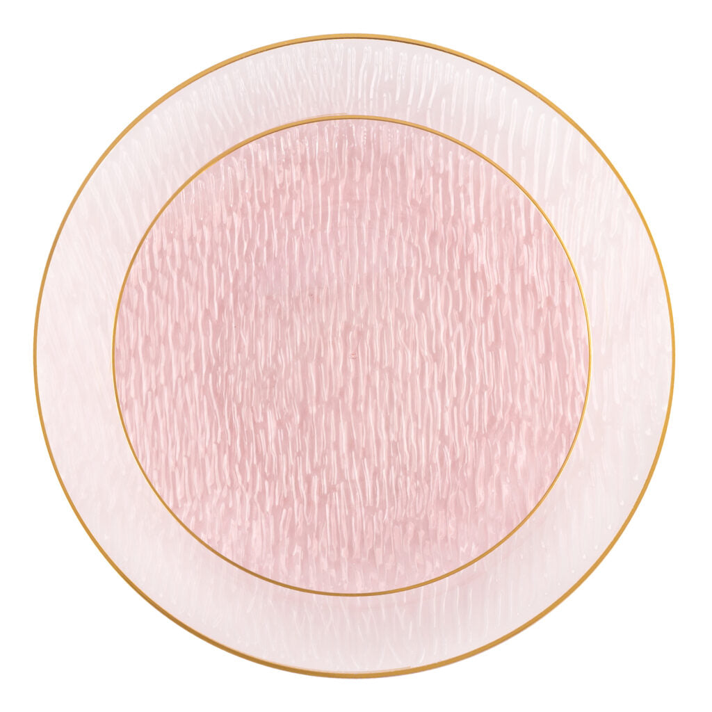 24 Pack Transparent Pink and Gold Rim Round Plastic Dinnerware Set (12 Guests) - Icicles
