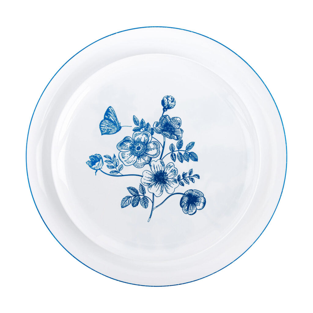 20 Pack White and Blue Round Plastic Dinnerware Set (10 Guests) - French Toile