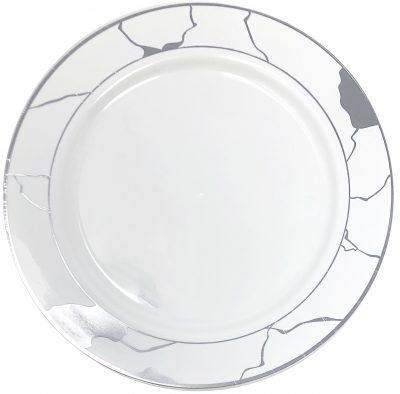 White and Silver Round Plastic Plates - Marble