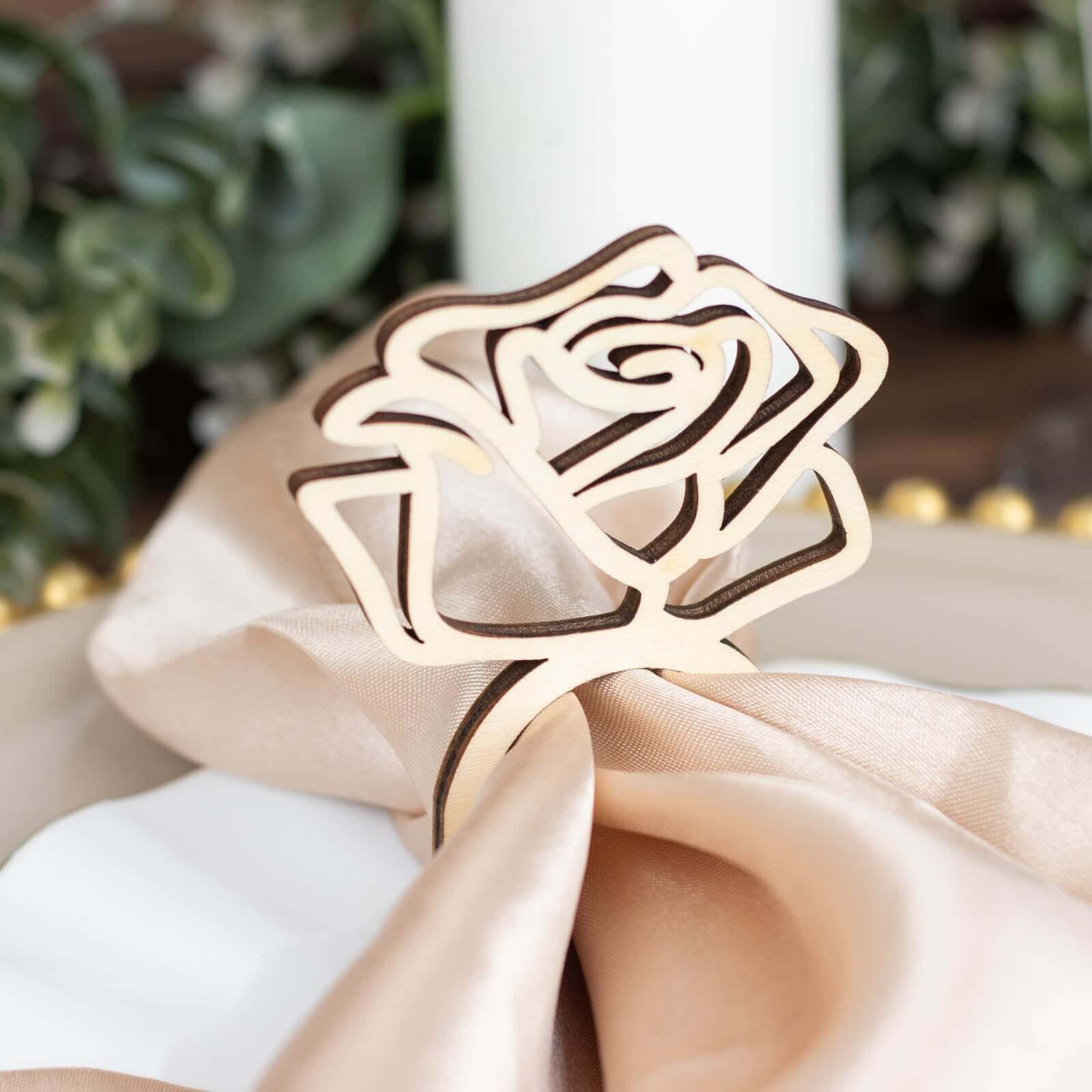 10 Pack 4" Natural Wood Laser Cut Rose Design Rustic Napkin Rings, Boho Farmhouse Napkin Holders Napkins HIER_2480