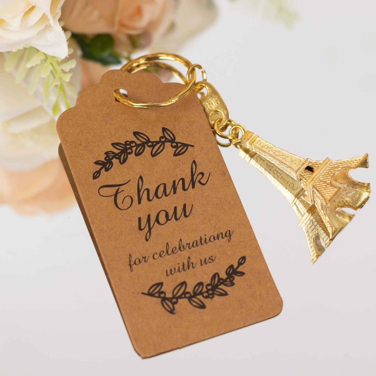 10 Pack Gold Plastic Paris Eiffel Tower Keychain Wedding Favors, 4" Bridal Shower Party Souvenirs With Thank You Tag Decorations HIER_9750