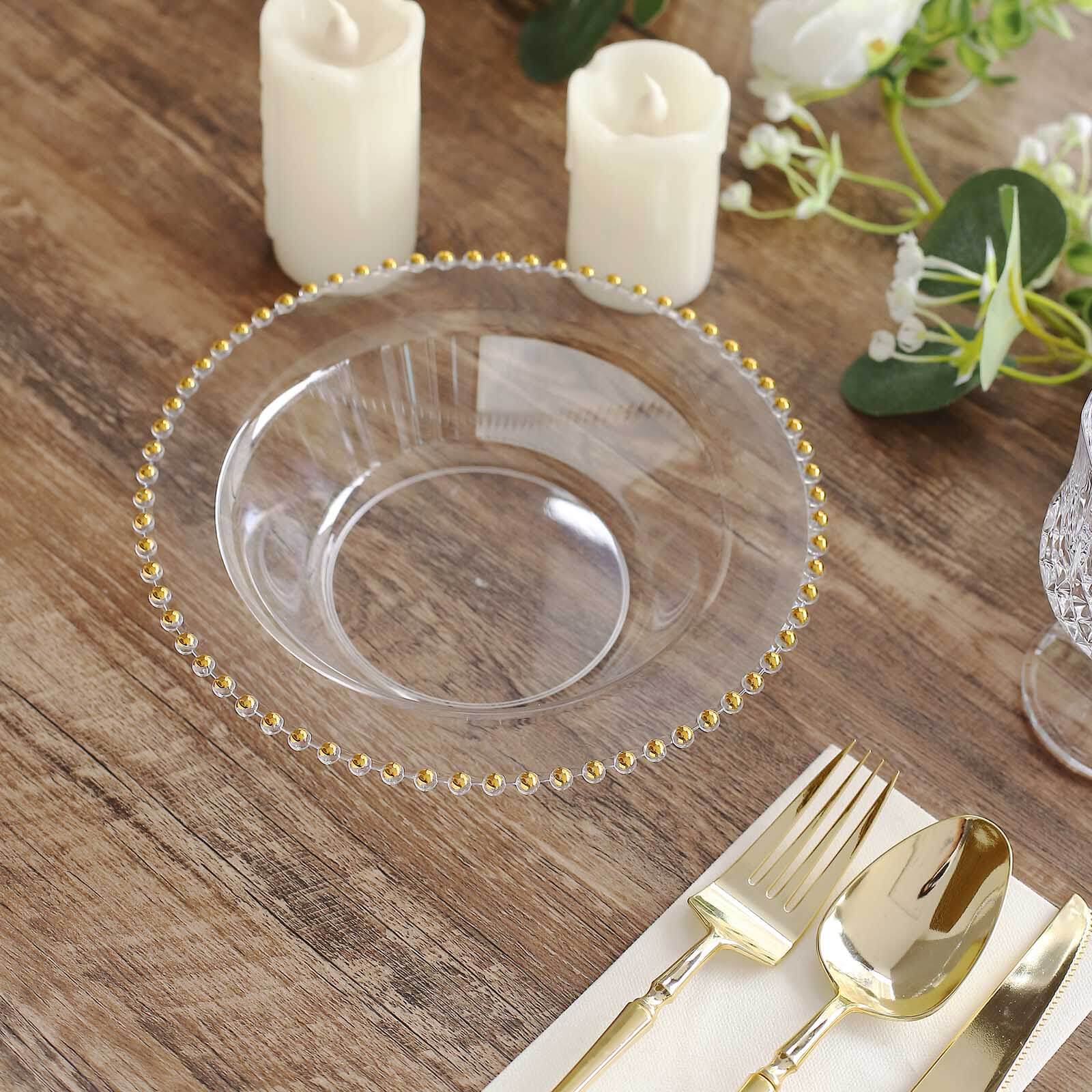 10-Pack Plastic Dessert Salad Bowls Clear Round Design with Gold Beaded Rim - Disposable Soup Bowls 12oz Disposables HIER_4400