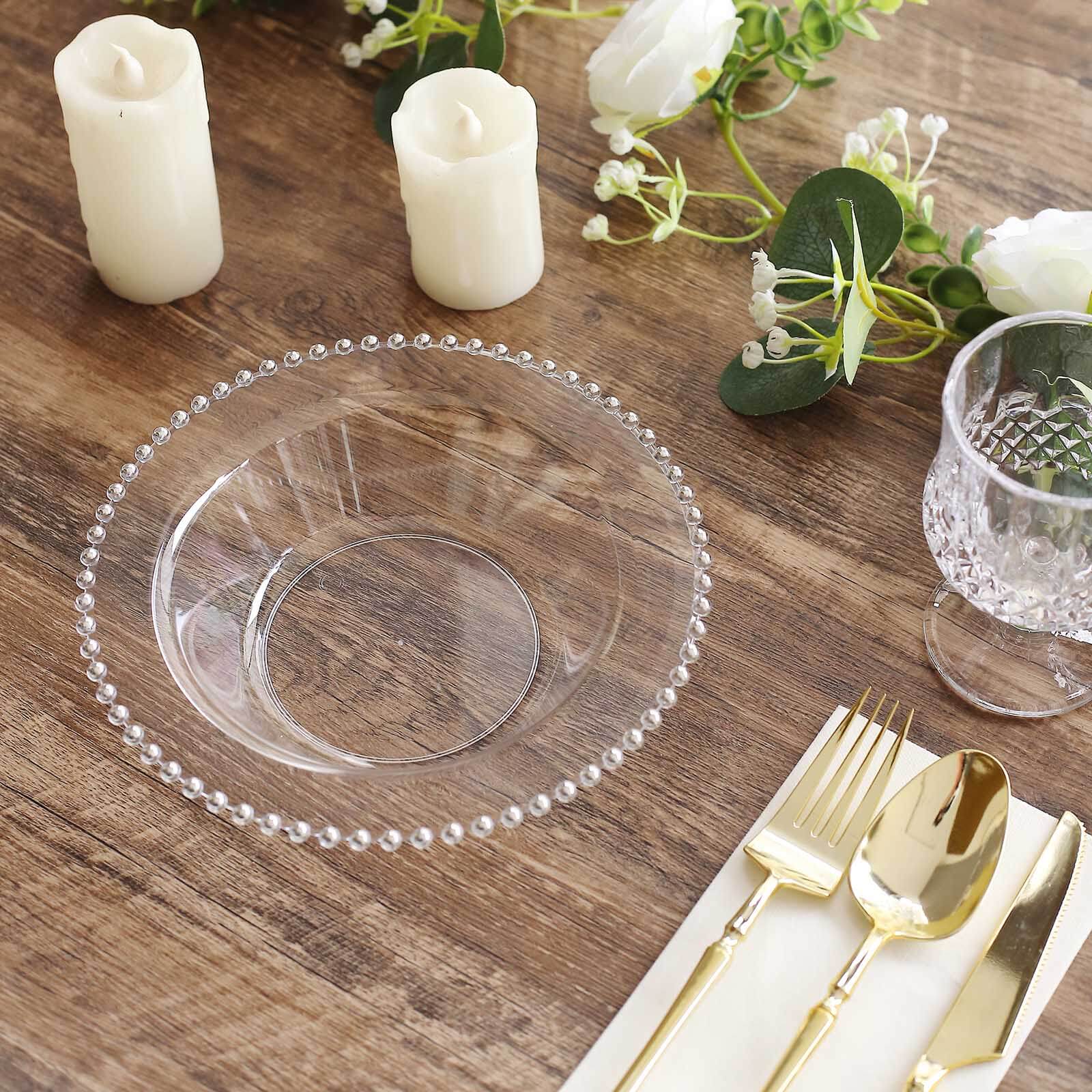 10-Pack Plastic Dessert Salad Bowls Clear Round Design with Silver Beaded Rim - Disposable Soup Bowls 12oz Disposables HIER_4400