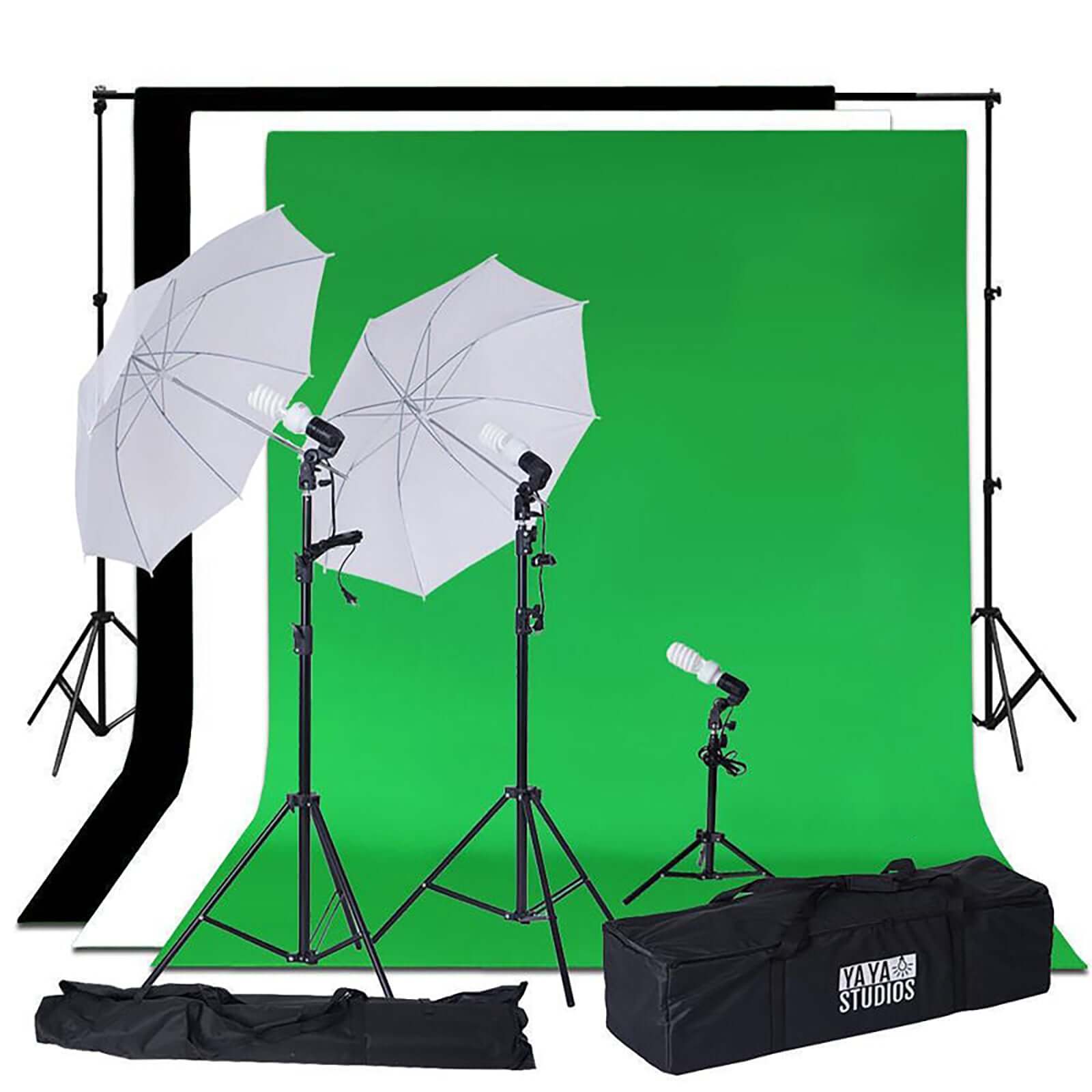 10ft Photo Video Studio Lighting & Background Support System Kit, 600W White Umbrella With Chromakey Backdrop Muslins (Green Black White) - Free Carry Case Included Backdrops HIER_5500