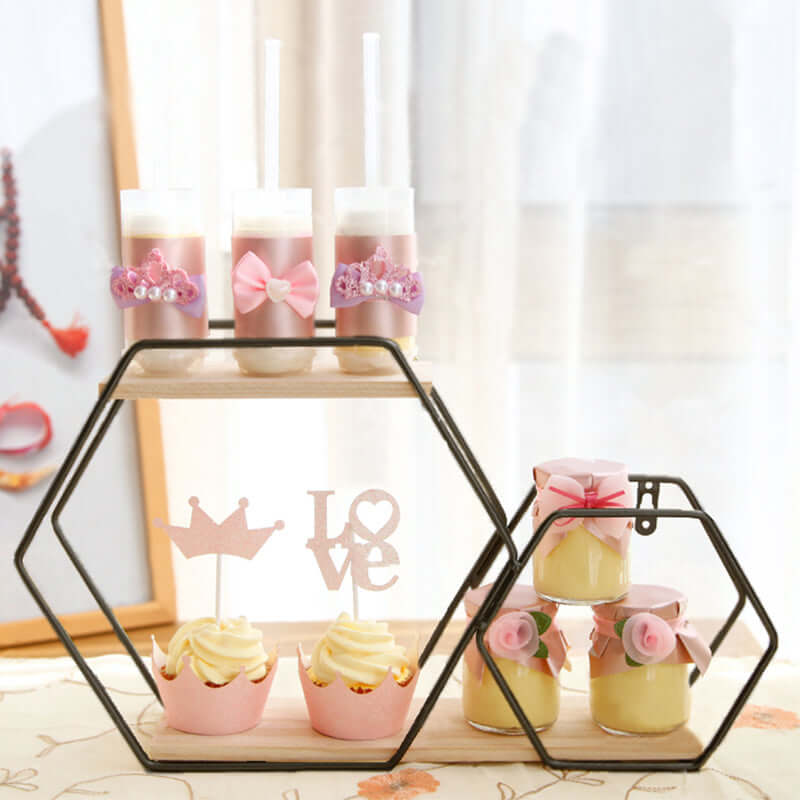 10"x17" 2-Tier Hexagon Floating Shelf, Dessert Display Stand With Black Double Geometric Design Decorations HIER_9900