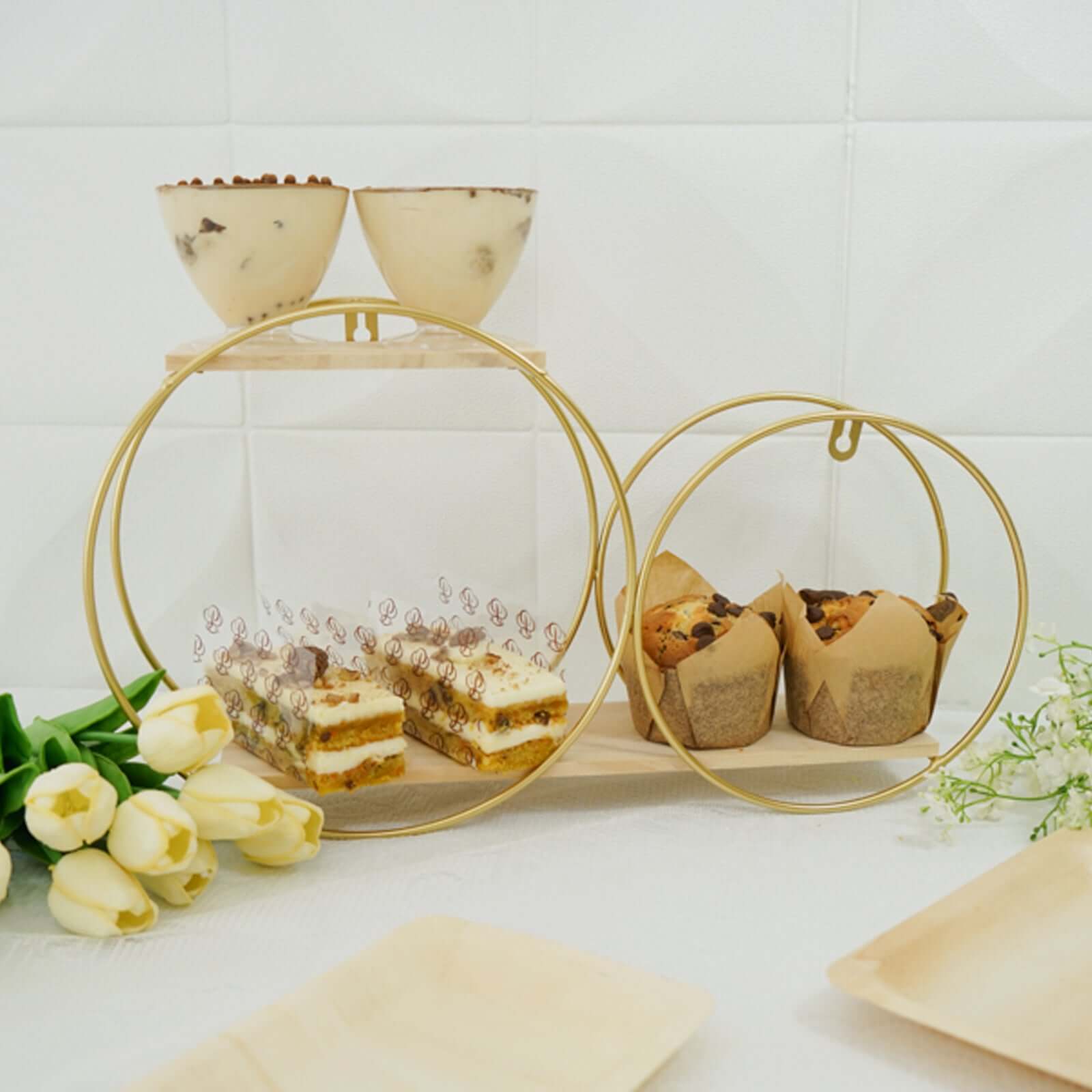 10"x18" 2-Tier Round Floating Shelf, Dessert Display Stand, Hanging Wall Shelf Gold With Double Hoop Design Decorations HIER_9900