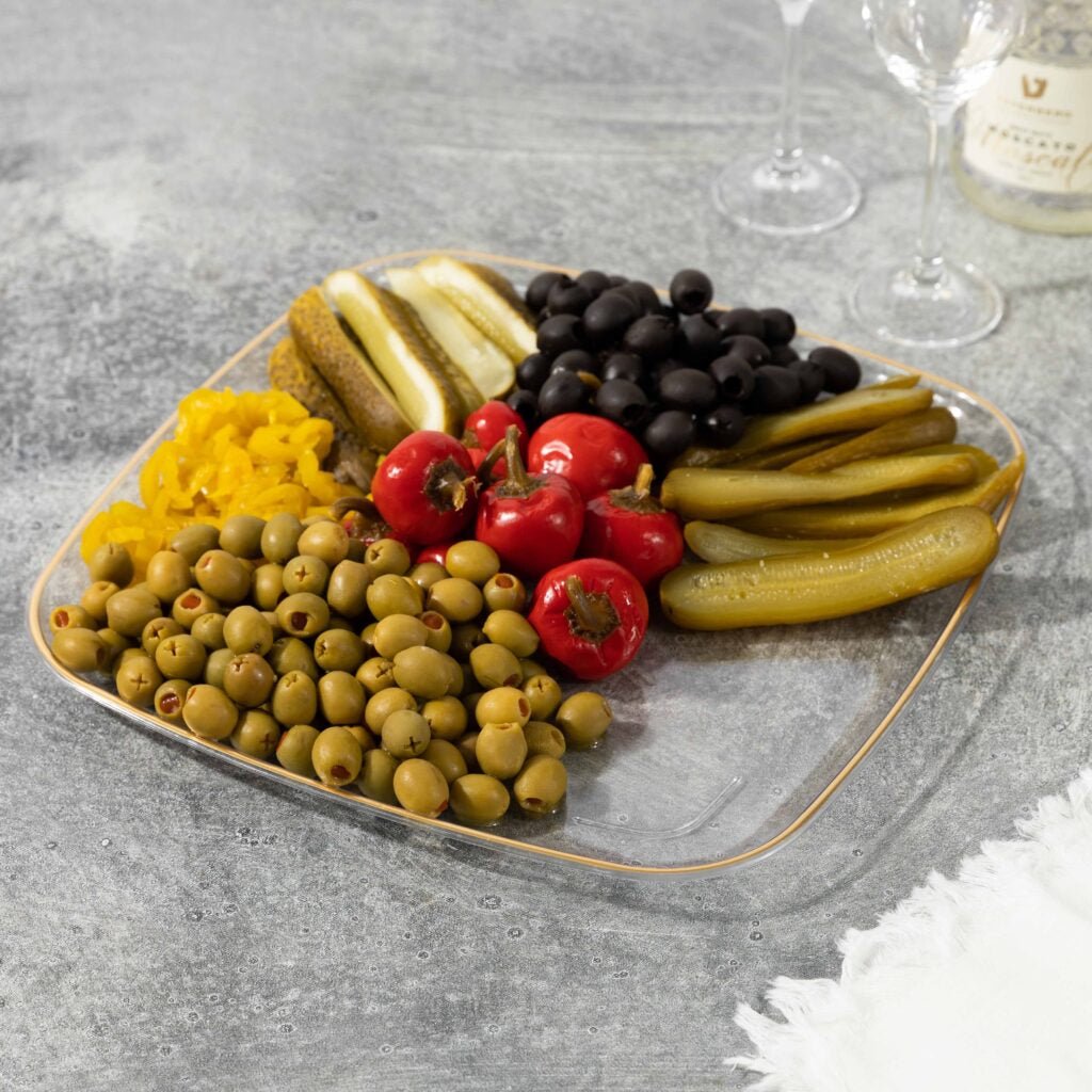 12 Inch Clear and Gold Rim Square Organic Serving Tray Dish - 2 Pack