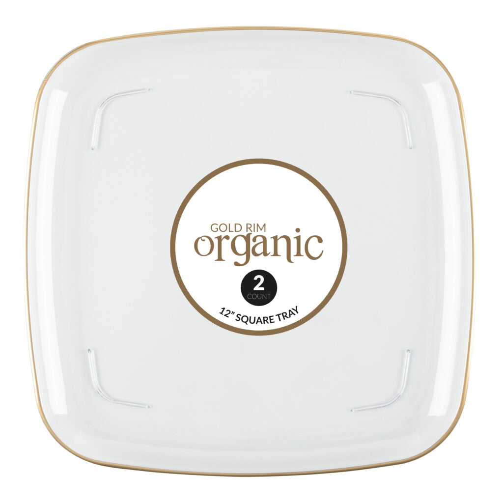 12 Inch Clear and Gold Rim Square Organic Serving Tray Dish - 2 Pack
