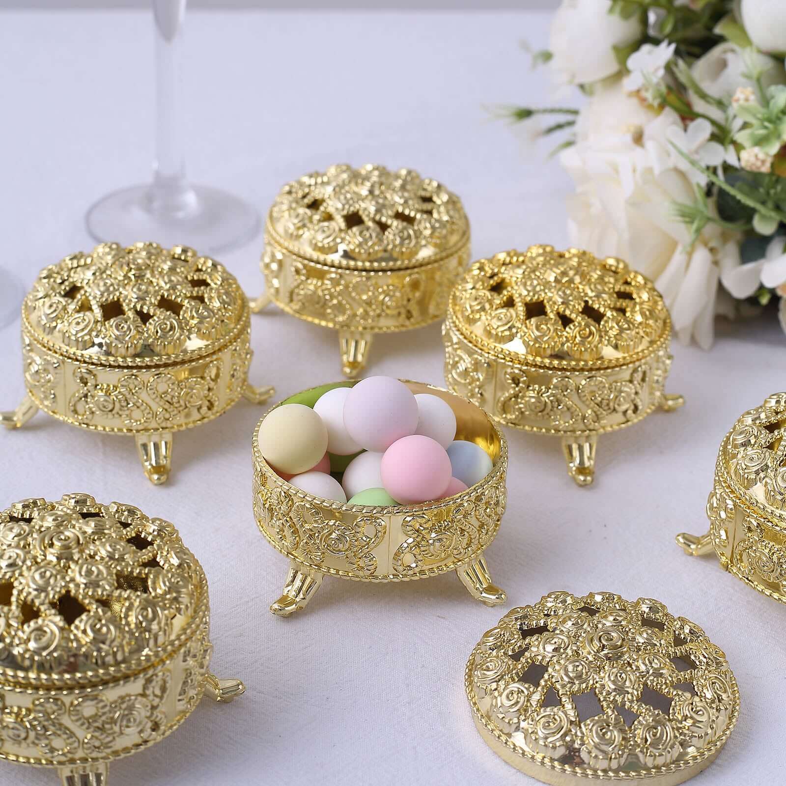 12-Pack Plastic Fillable Mini Candy Container in Vintage Ornate Round Box Style Metallic Gold - Candy Treat Favor Boxes 2.5" Decorations HIER_9720