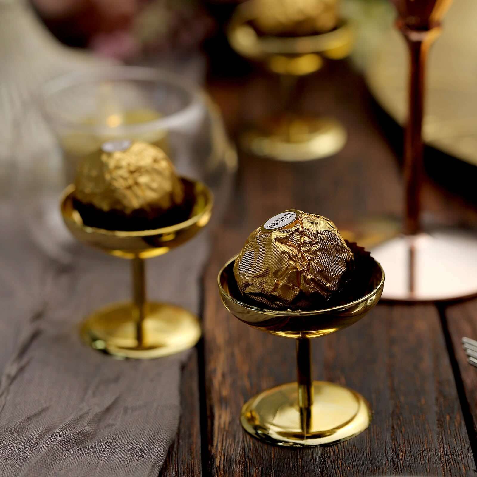 12-Pack Plastic Dessert Cup Candy Dishes Gold - Decorative Mini Pedestal Stands for Treats 2" Disposables HIER_4400