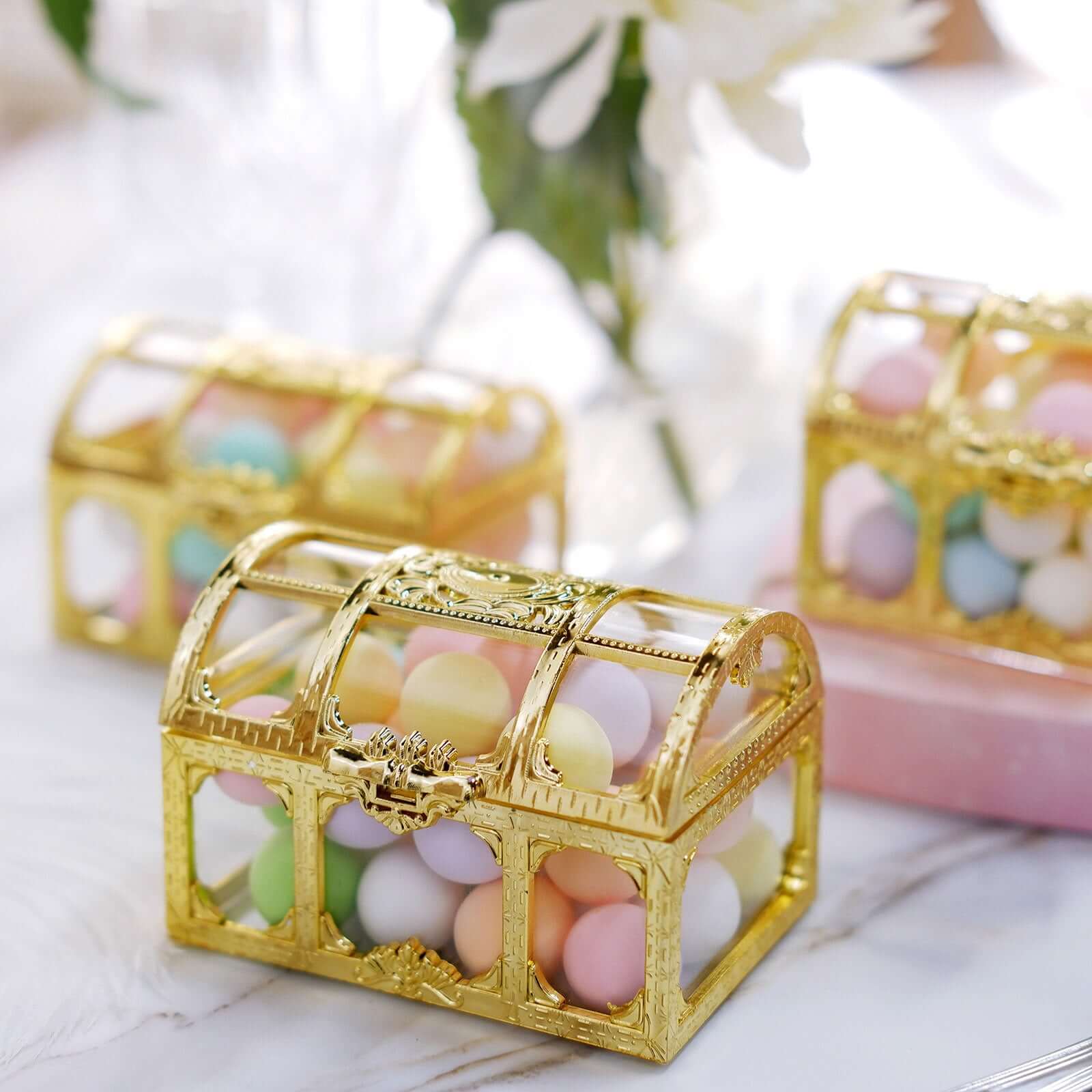 12-Pack Vintage Jewelry Box Candy Containers Clear Gold - Stylish Treasure Chest Favor Boxes 3.5" Decorations HIER_9720