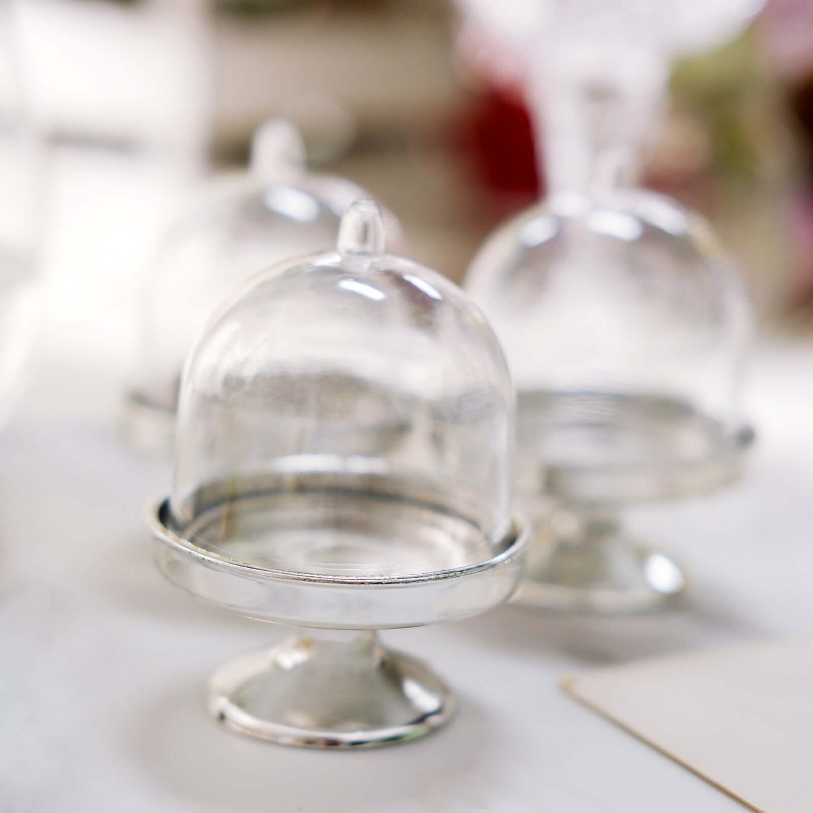12-Pack Fillable Mini Pedestal Candy Container Clear/Silver - Stylish Candy Treat Favor Containers with Dome Lid 3" Decorations HIER_9740