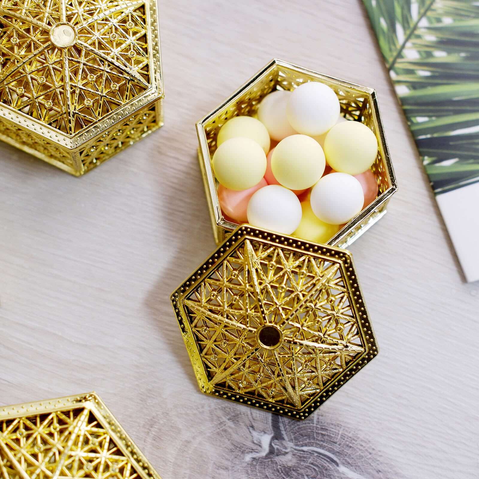 12-Pack Vintage Hexagon Gift Box Candy Containers Gold - Stylish Hollow Favor Boxes for Jewelry 3" Decorations HIER_9720