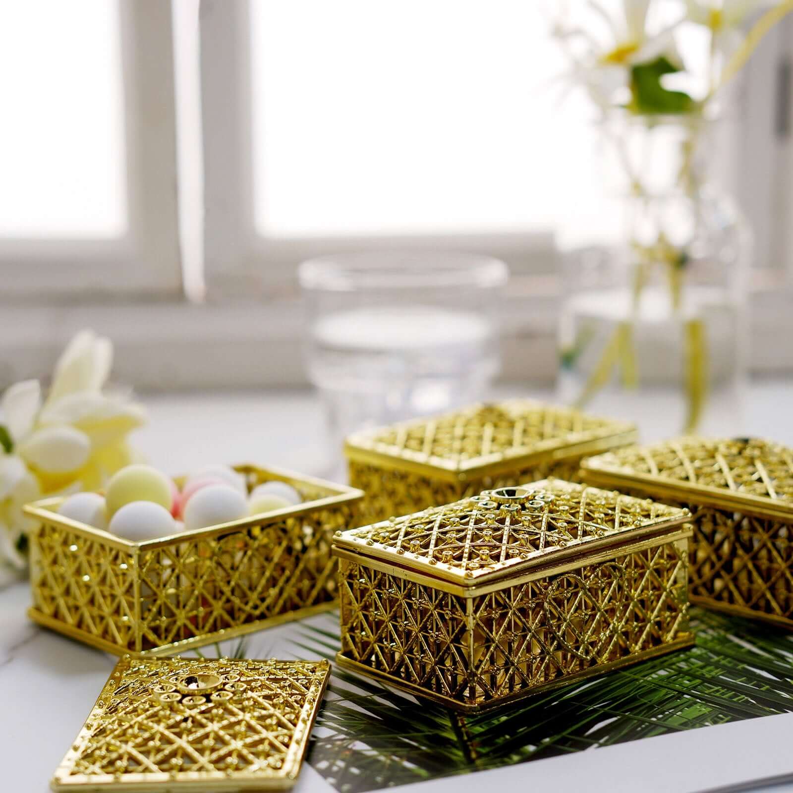 12-Pack Vintage Rectangular Candy Containers Gold - Decorative Hollow Favor Boxes for Jewelry 3" Decorations HIER_9720