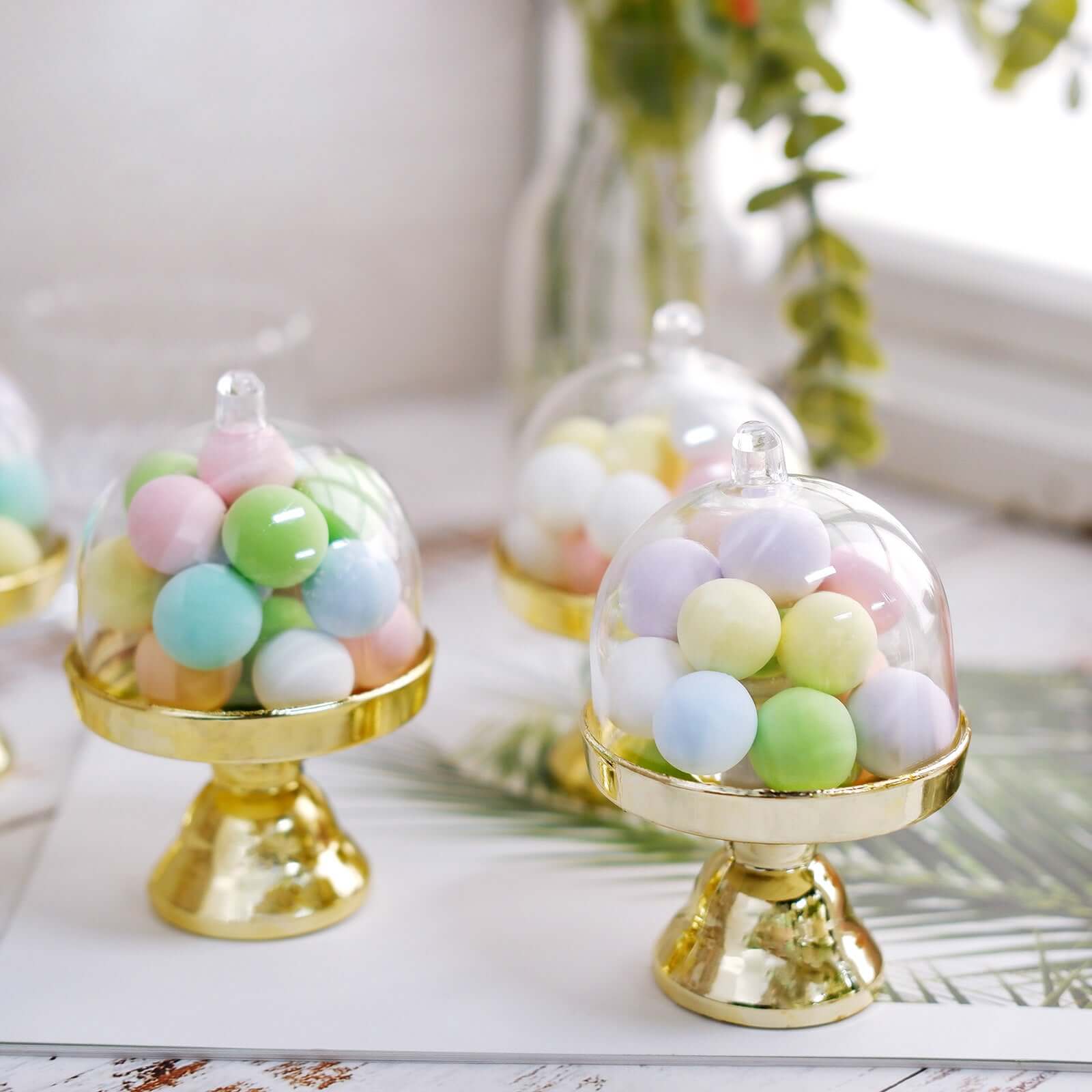 12-Pack Fillable Mini Pedestal Candy Container Clear/Gold - Decorative Candy Treat Favor Boxes with Dome Lid 4" Decorations HIER_9740
