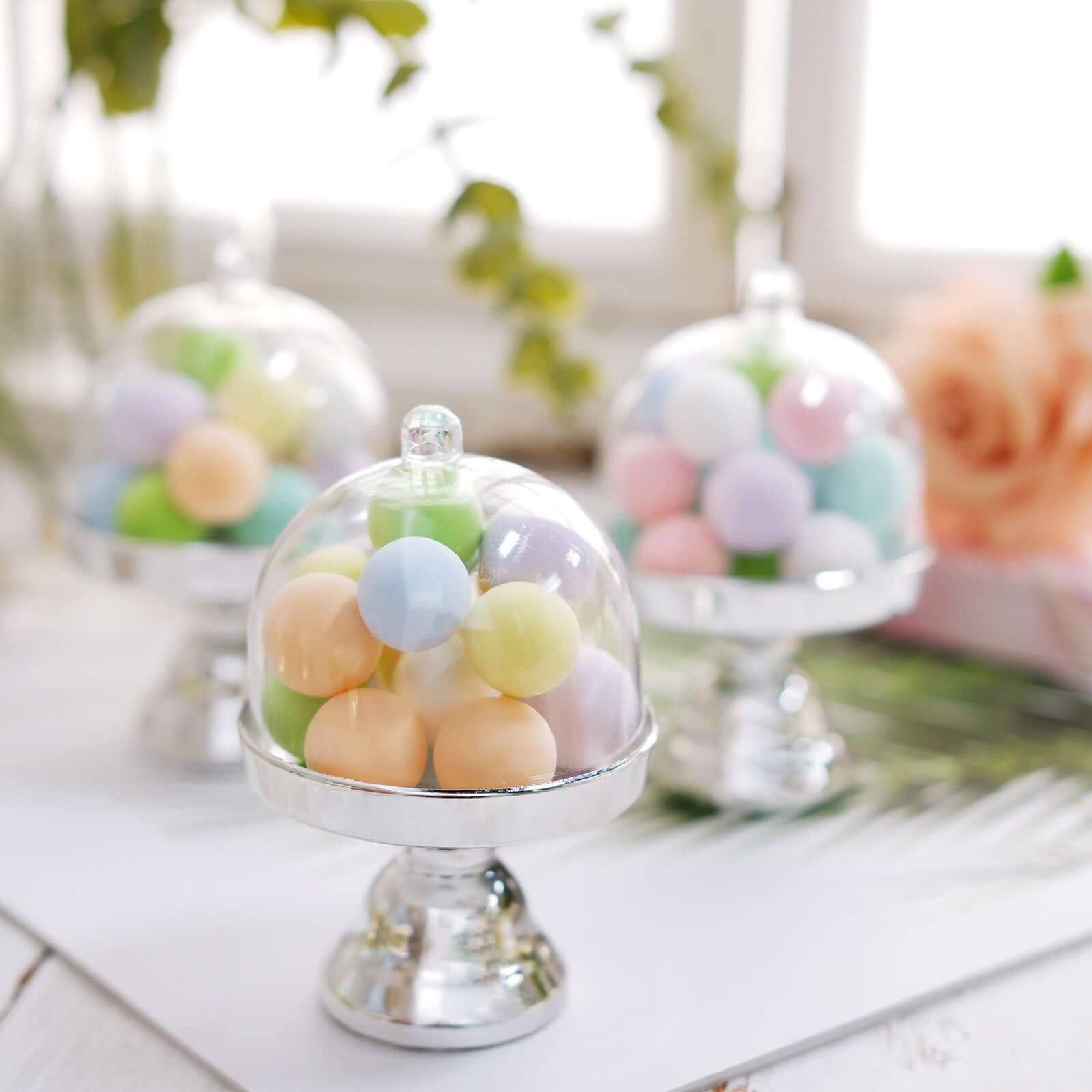 12-Pack Fillable Mini Pedestal Candy Container Clear/Silver - Decorative Candy Treat Favor Boxes with Dome Lid 4" Decorations HIER_9740