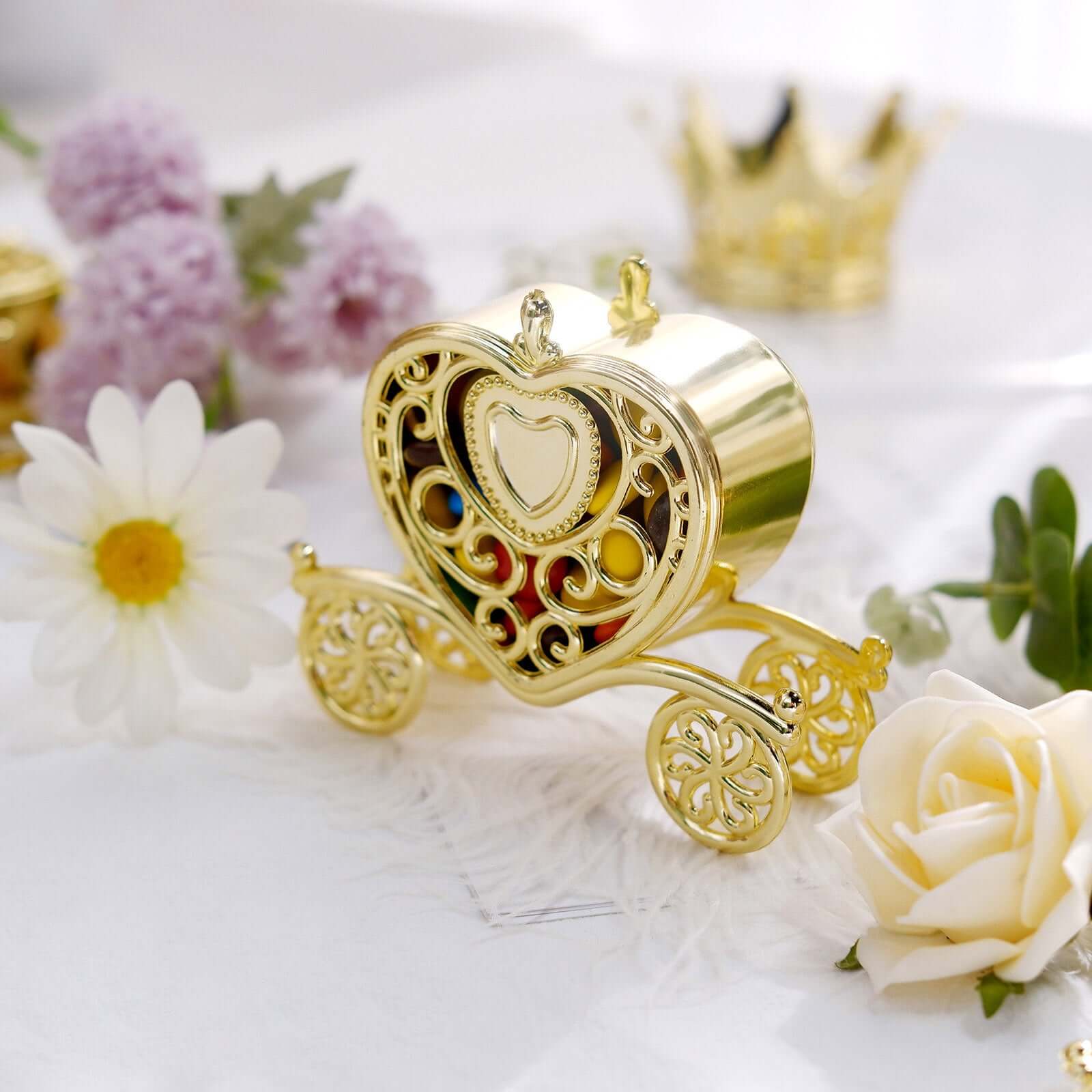 12 Pack 4" Gold Princess Heart Carriage Treats Party Favor Boxes, Candy Container Gift Boxes Decorations HIER_9720