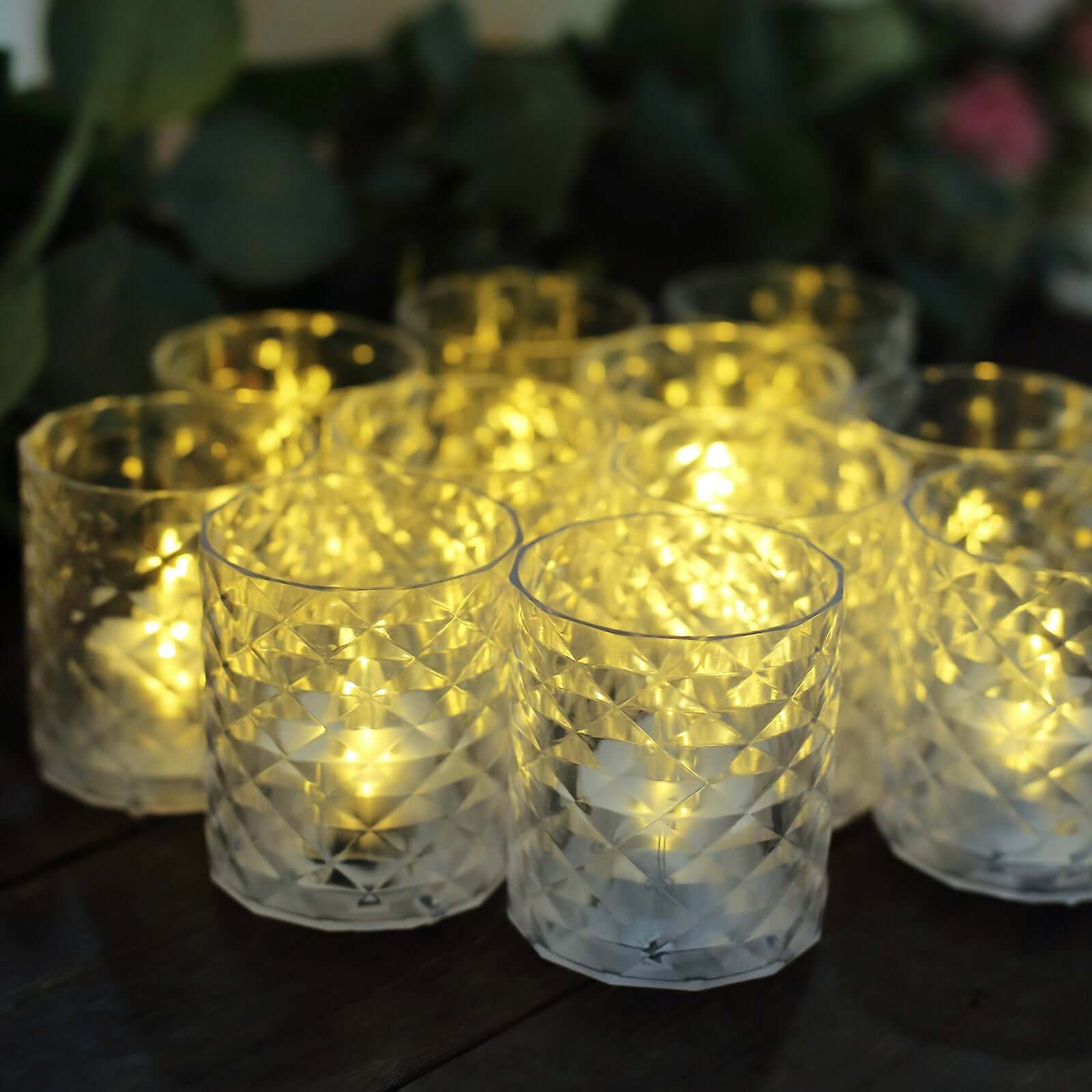 12-Pack LED Tealight Candle Holders Whiskey Glass Design Clear - Warm White Battery Operated Lights 3" LED HIER_8300