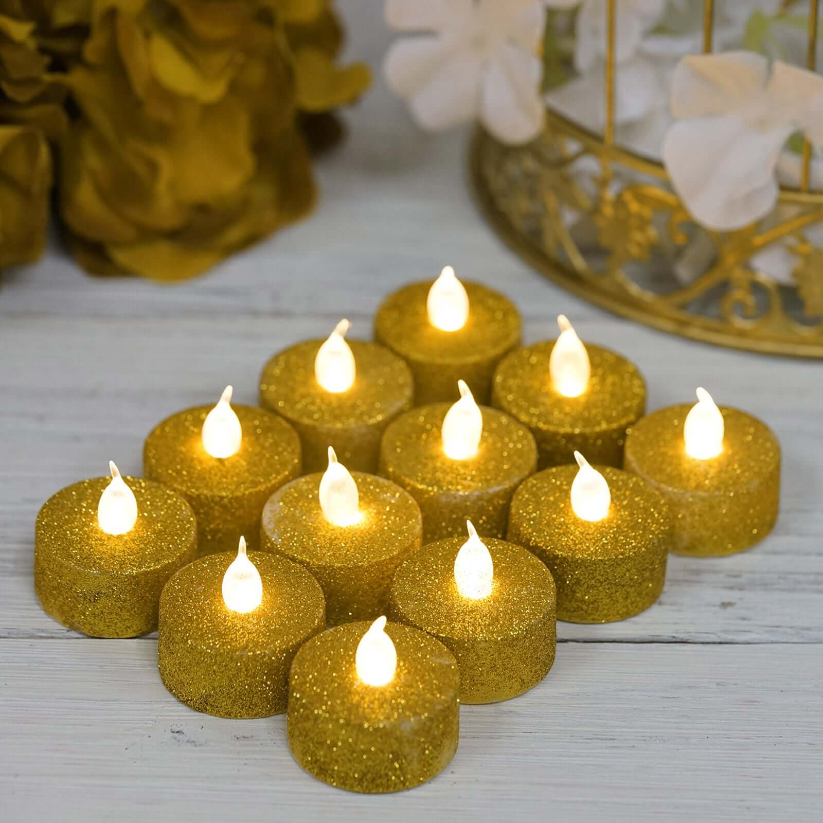 12-Pack LED Tealight Candles Glitter Gold Design - Flameless Battery Operated Tea Lights LED HIER_8300
