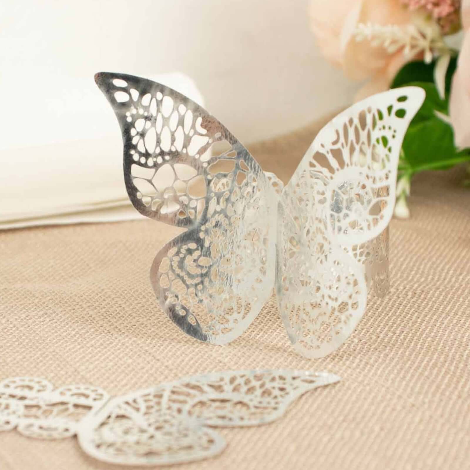 12-Pack Paper Napkin Rings Laser Cut Butterfly Metallic Silver - Decorative Serviette Holders Napkins HIER_2480