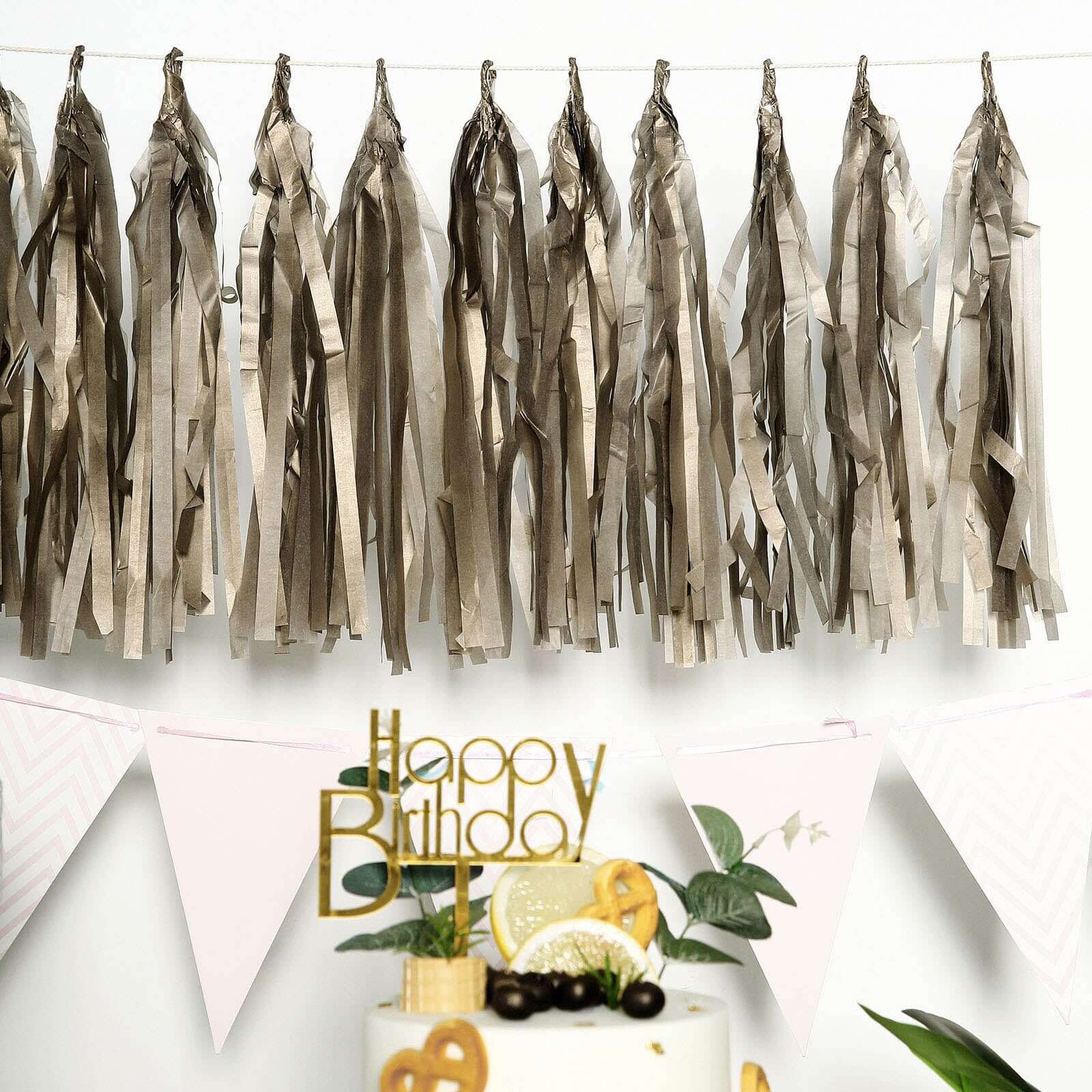 12 Pack Pre-Tied Antique Gold Paper Fringe Tassels With Garland String, Hanging Streamer Banner Decorations HIER_9900