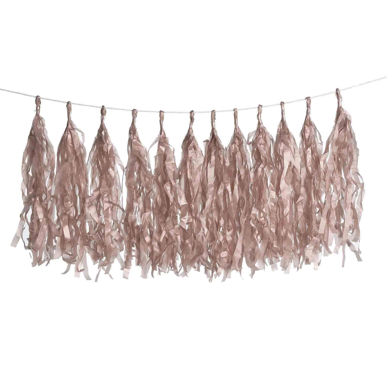 12 Pack Pre-Tied Rose Gold Paper Fringe Tassels With Garland String, Hanging Streamer Banner Decorations HIER_9900