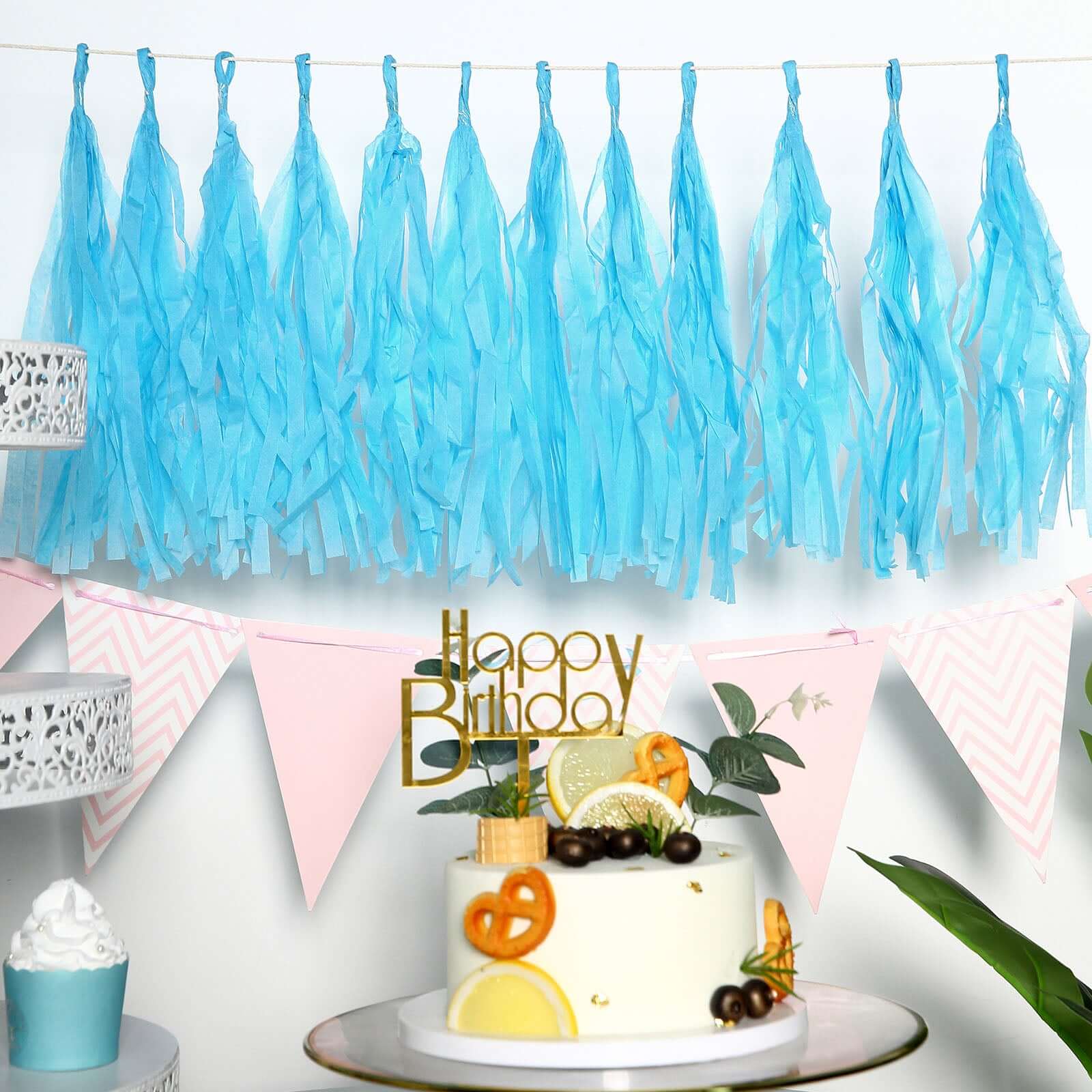 12 Pack Pre-Tied Turquoise Tissue Paper Tassel Garland With String, Hanging Fringe Party Streamer Backdrop Decor Decorations HIER_9900