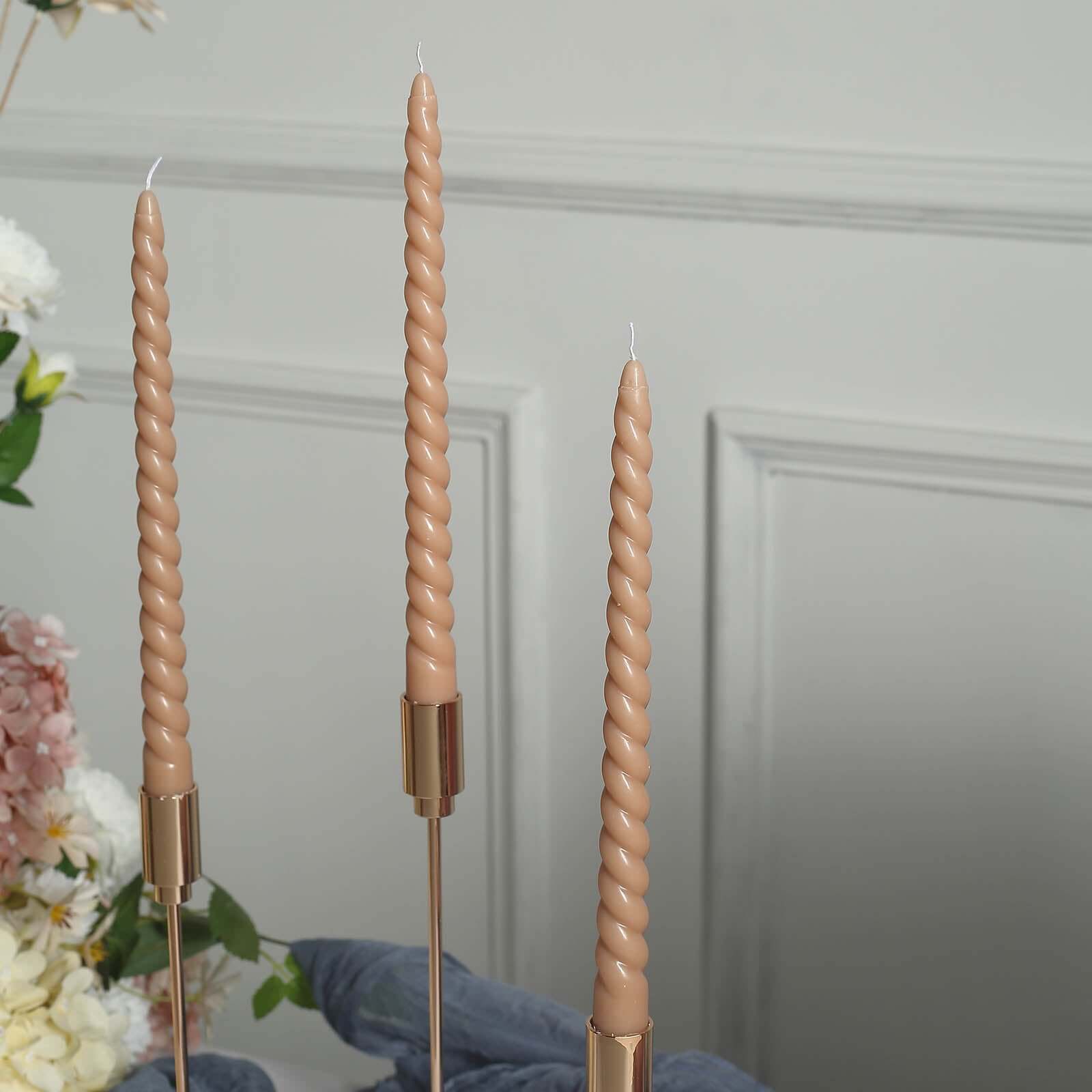 12-Pack Taper Candles Spiral Long Burn Wick Design Beige - Premium Unscented Wax Dinner Candle Sticks 11" Decorations HIER_8400