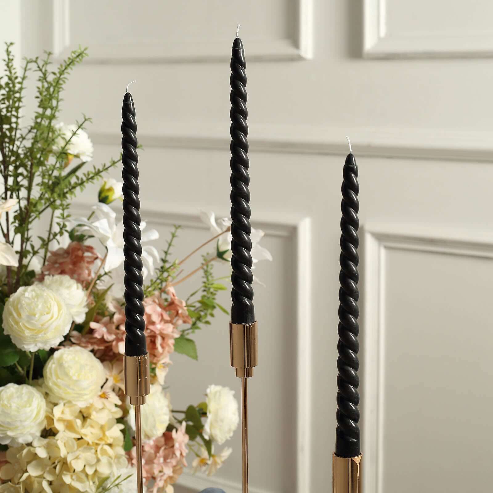 12-Pack Taper Candles Spiral Long Burn Wick Design Black - Premium Unscented Wax Dinner Candle Sticks 11" Decorations HIER_8400