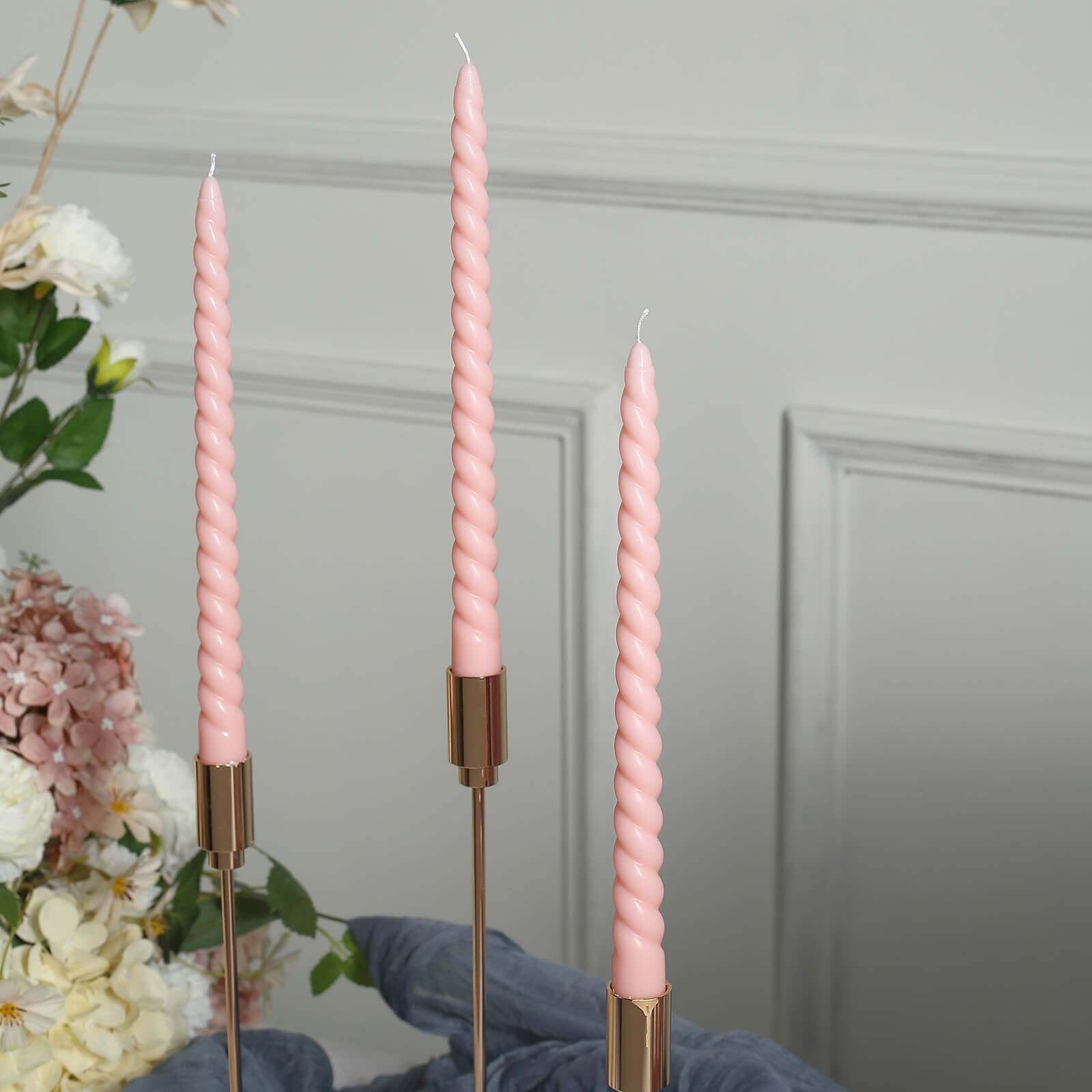 12-Pack Taper Candles Spiral Long Burn Wick Design Blush - Premium Unscented Wax Dinner Candle Sticks 11" Decorations HIER_8400