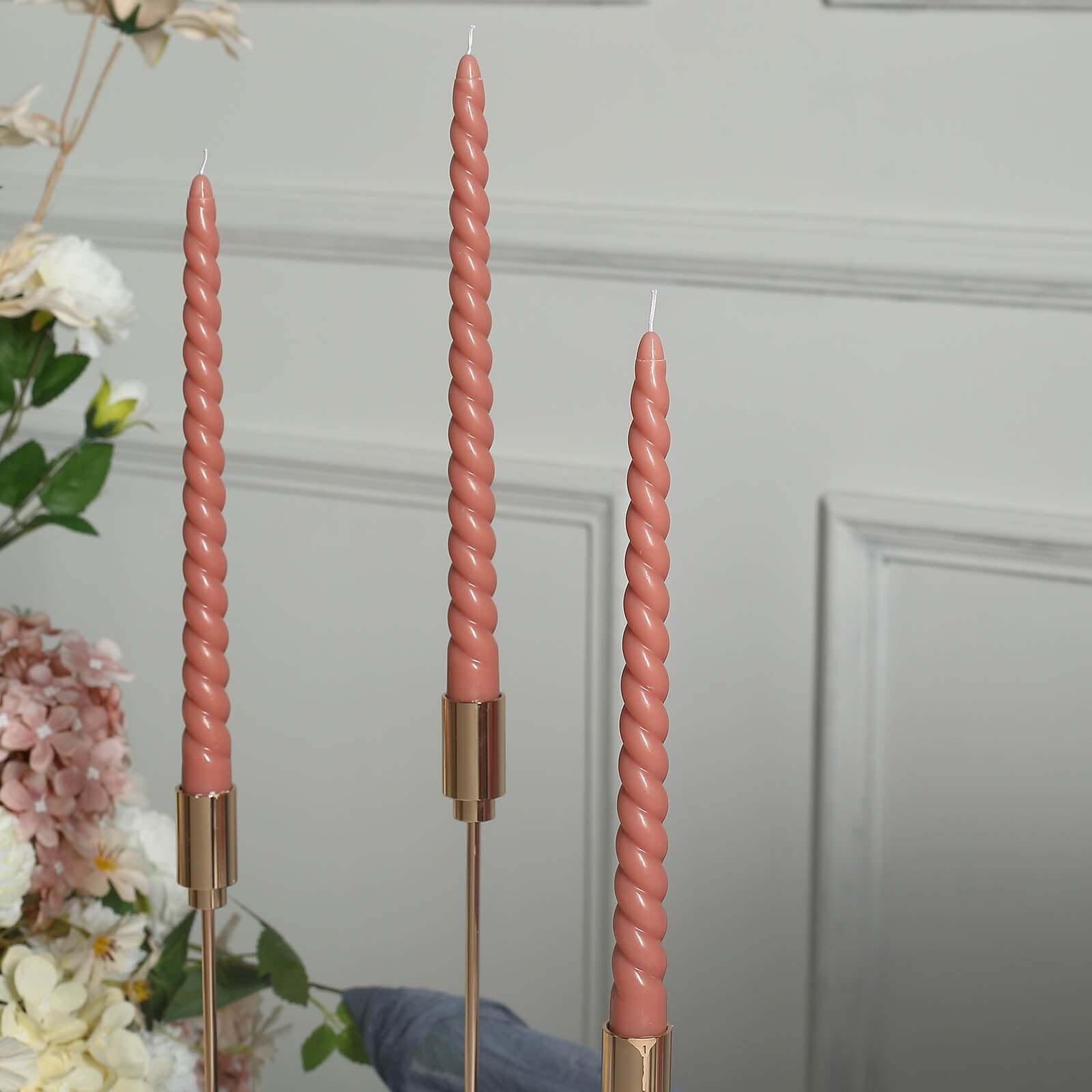 12-Pack Taper Candles Spiral Long Burn Wick Design Dark Nude - Premium Unscented Wax Dinner Candle Sticks 11" Decorations HIER_8400