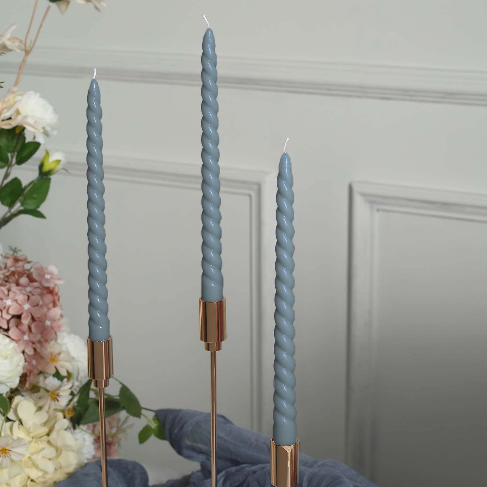 12-Pack Taper Candles Spiral Long Burn Wick Design Dusty Blue - Premium Unscented Wax Dinner Candle Sticks 11" Decorations HIER_8400