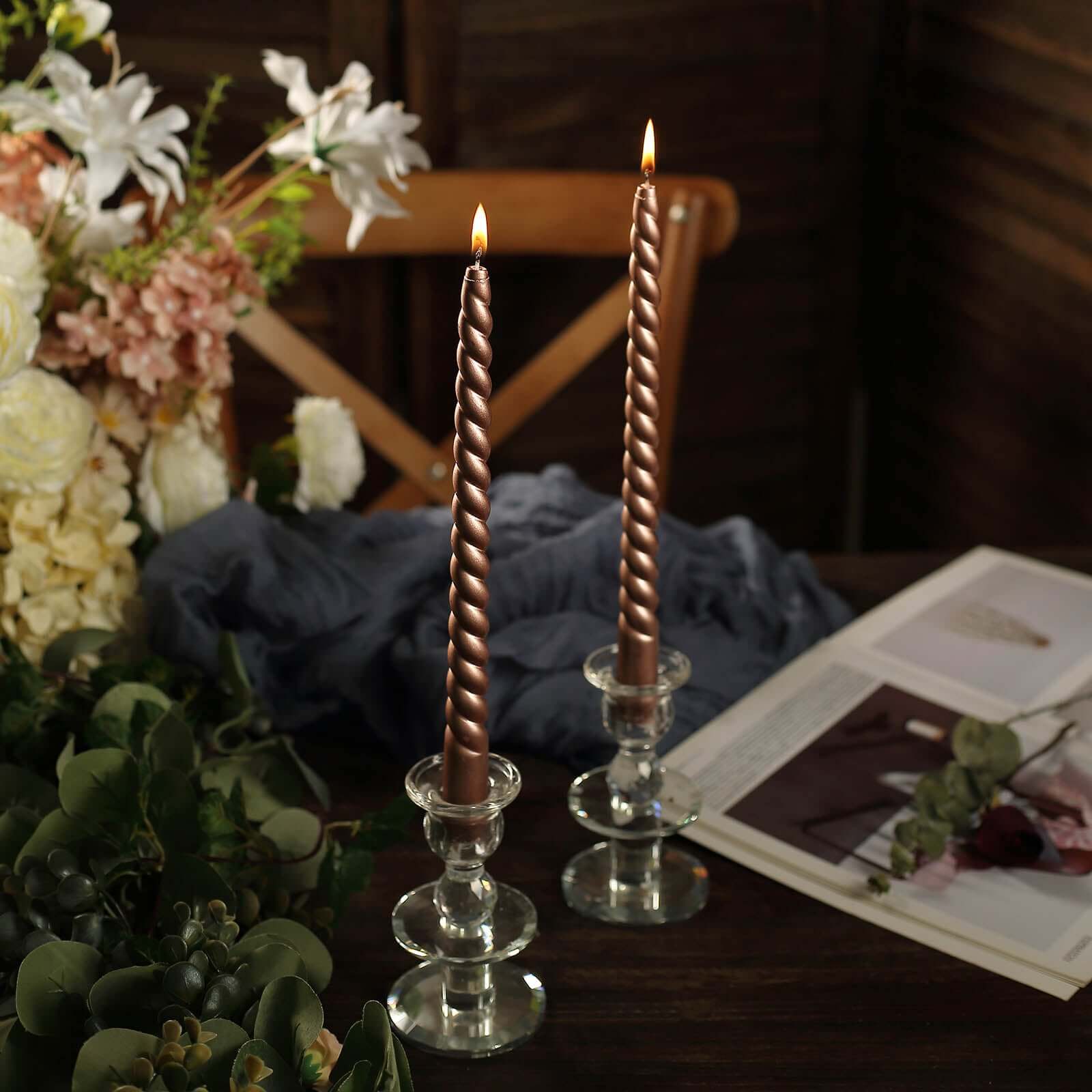 12-Pack Taper Candles Spiral Long Burn Wick Design Matte Rose Gold - Premium Unscented Wax Dinner Candle Sticks 11" Decorations HIER_8400