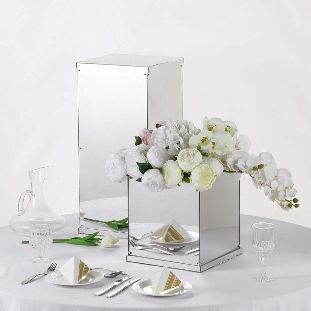 12" Silver Mirrored Acrylic Display Box, Pedestal Riser with Interchangeable Lid and Base Decorations HIER_7200