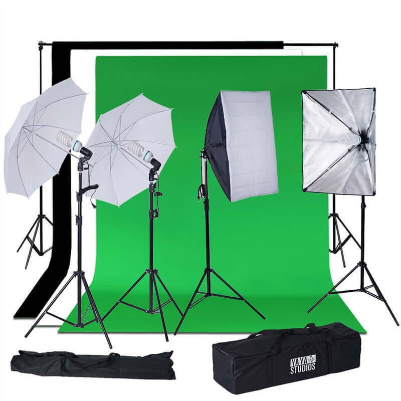 1200W White Umbrella Continuous Lighting Photo Video Studio Kit With Soft Box Reflectors and Muslin Chromakey Backgrounds Backdrops HIER_5500