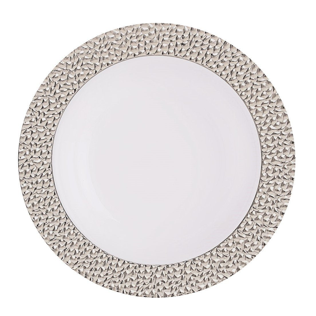 White and Silver Round Plastic Plates - Hammered